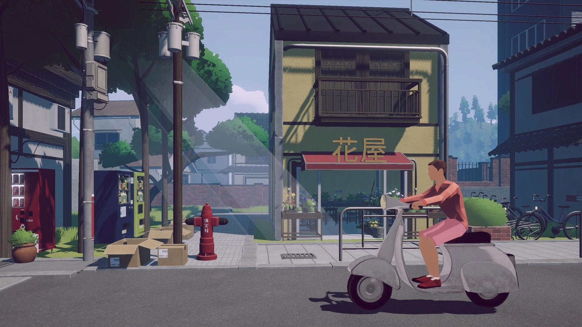 Moon and Away: Character rides scooter past vending machines and shop on a sunlit street.