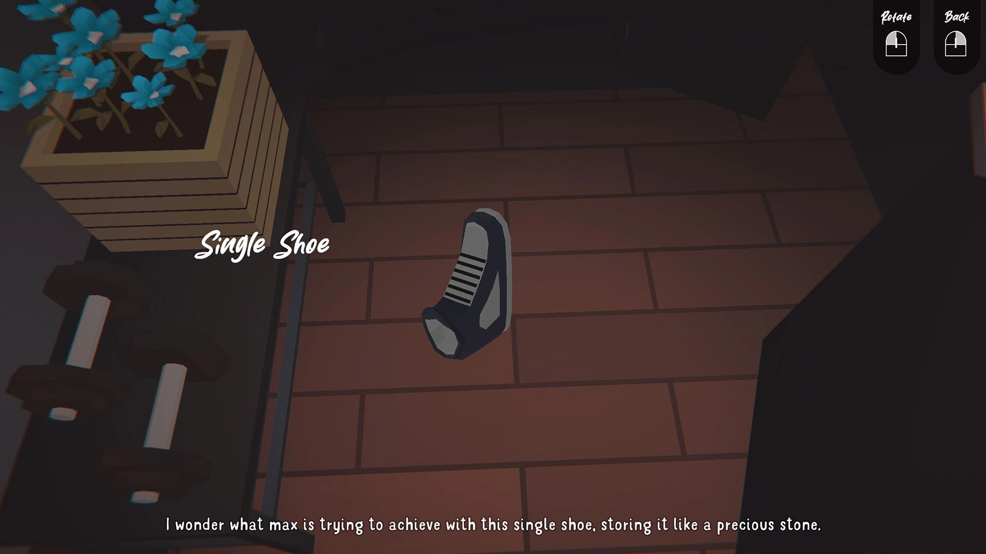 Moon and Away: Single shoe on wooden floor beside blue flowers, with rotate and back UI buttons.