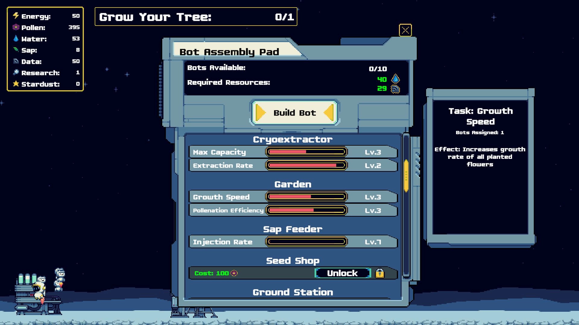 Moon Garden: Bot Assembly Pad menu with Build Bot button and upgrade bars on a starry moon base.