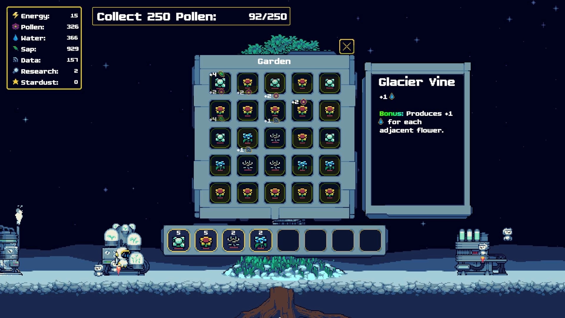 Moon Garden: Garden grid and Glacier Vine info panel with resource stats and pollen goal under stars.