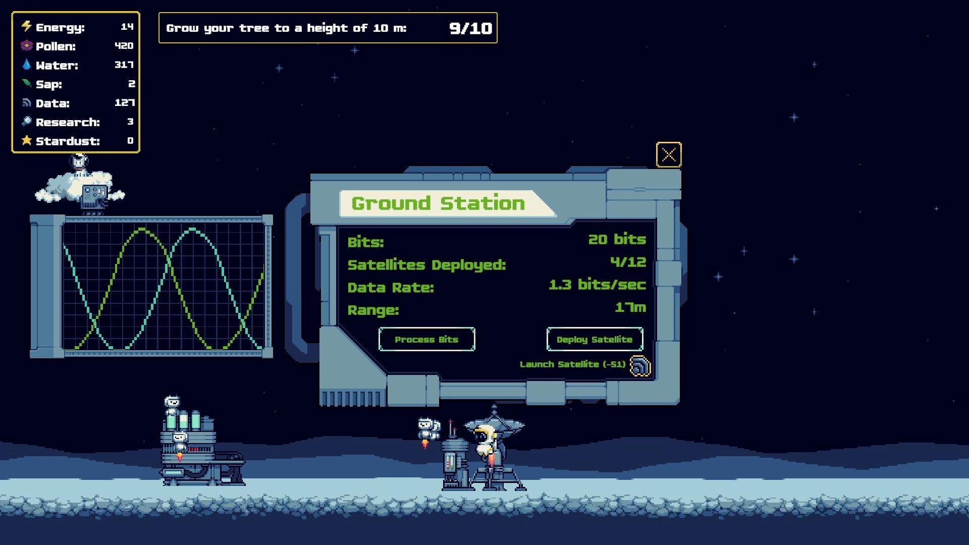 Moon Garden: Ground Station data menu with bits and satellites stats on a moon base under stars.