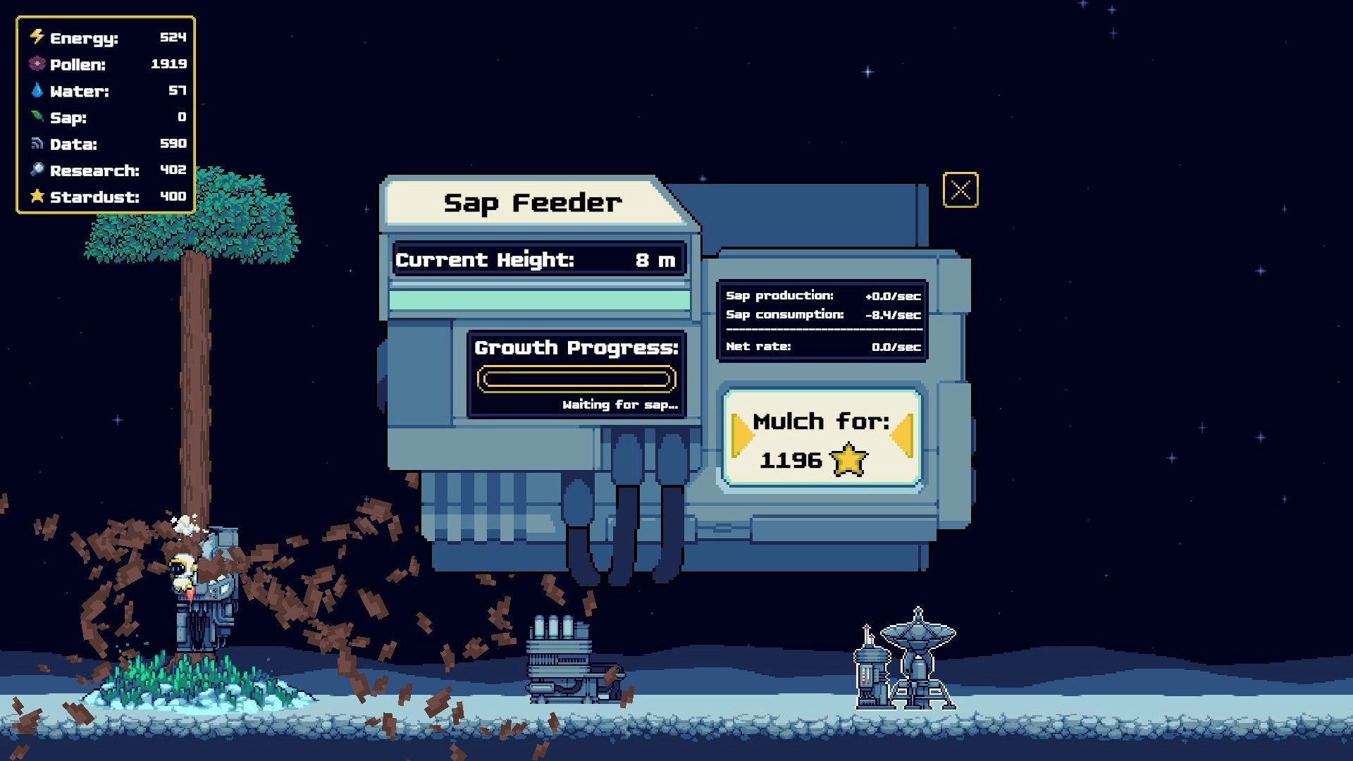 Moon Garden: Sap Feeder upgrade panel with growth progress and mulch cost over lunar base at night.