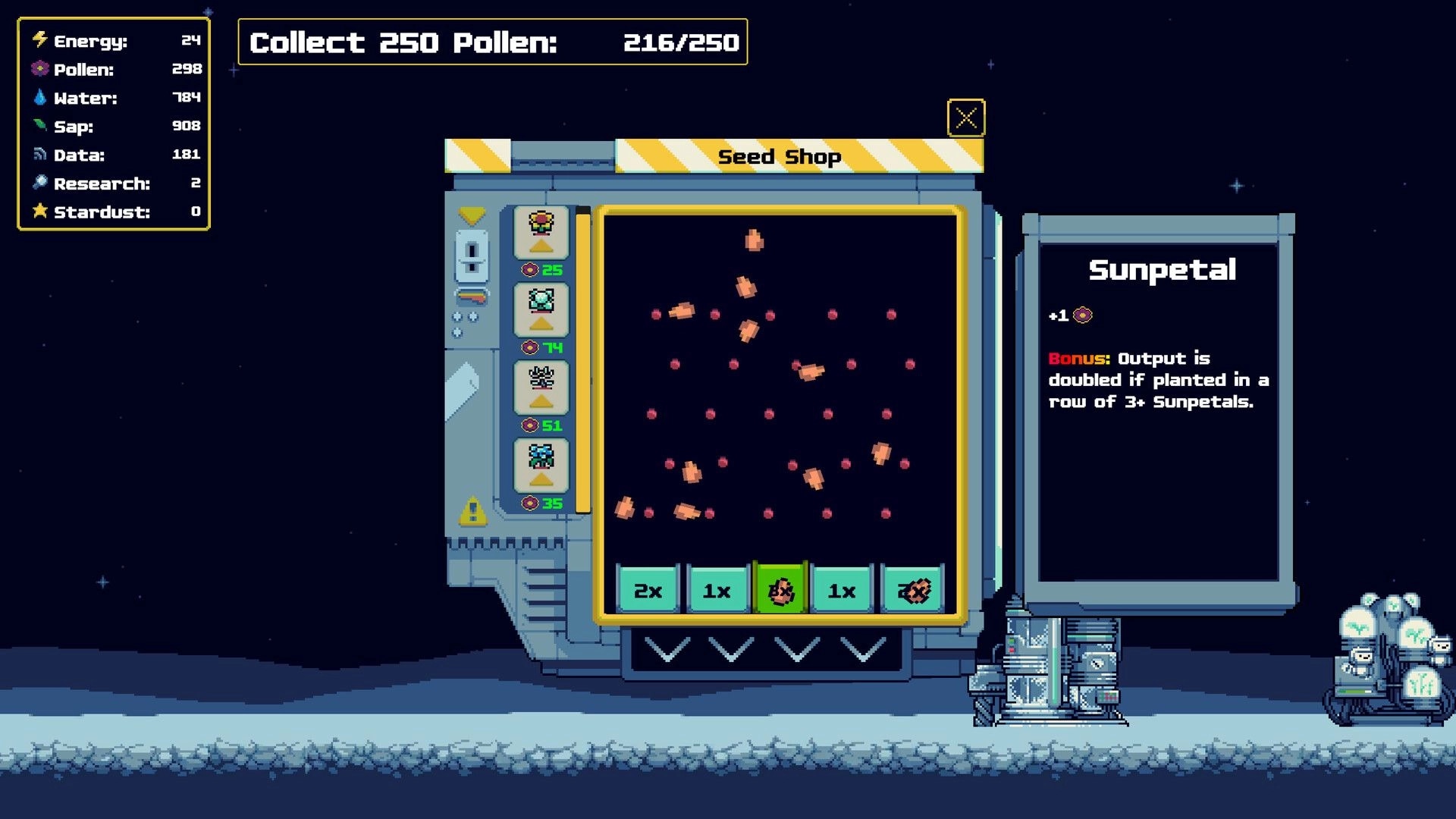Moon Garden: Seed Shop menu open with Sunpetal bonus panel and resource counters on starry backdrop.