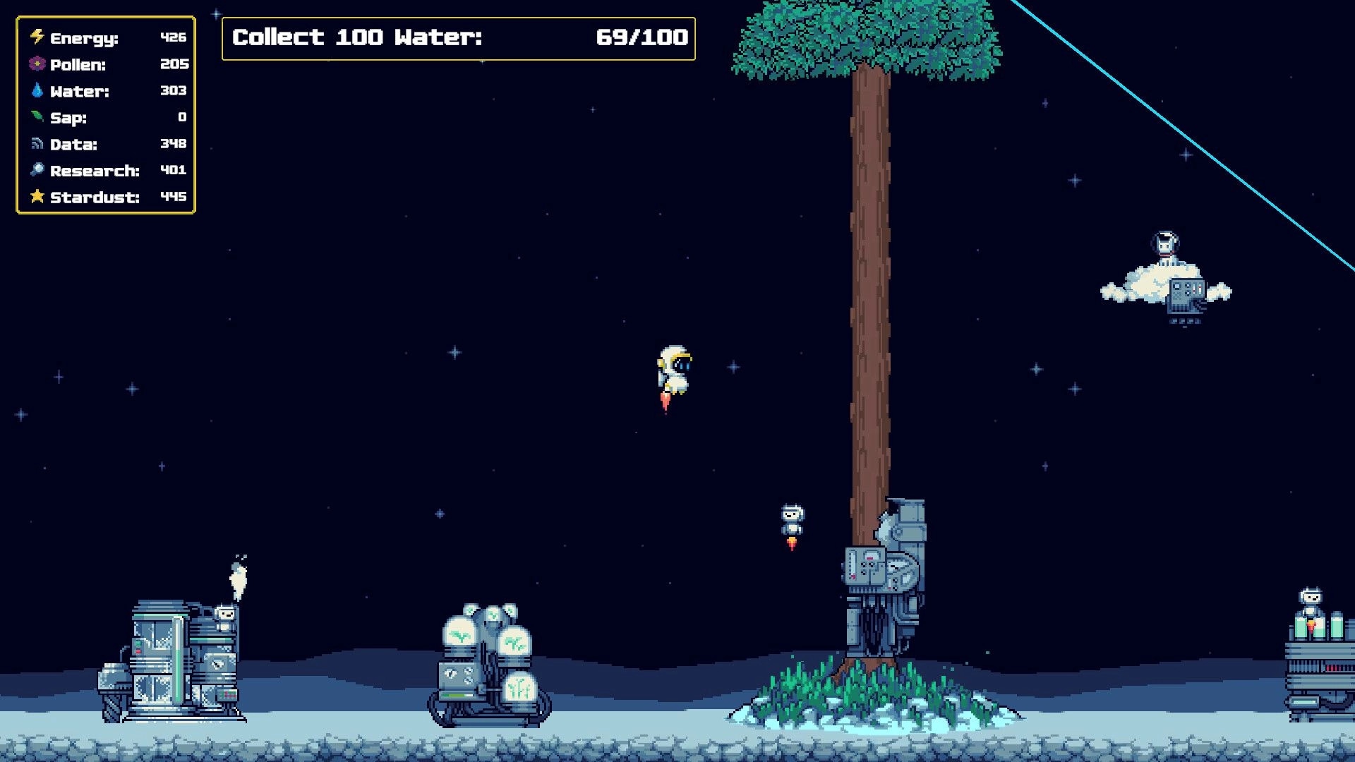Moon Garden: Astronauts jetpack around a giant tree and machines under a starry sky with water goal UI.