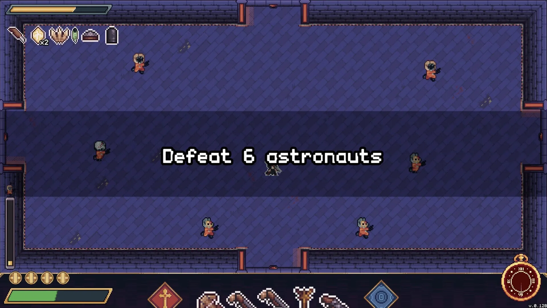 Moon Watch: Player faces six astronauts in a tiled arena with visible inventory and health bars.