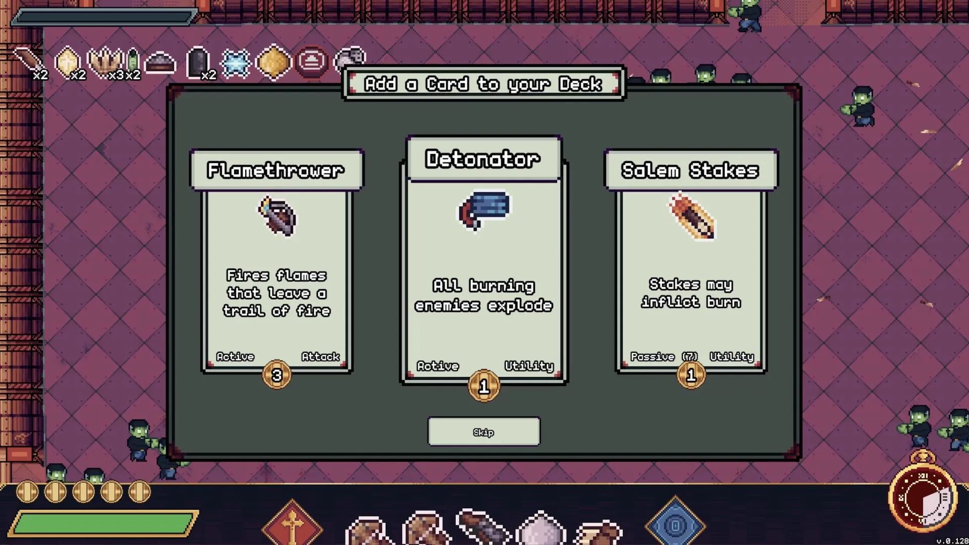Moon Watch: Card selection menu with Flamethrower, Detonator, Solem Stakes in castle hallway setting