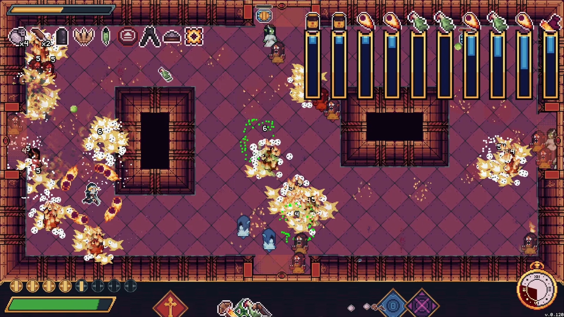 Moon Watch: Intense battle with fire and numbers in a dungeon-like room, character dodging attacks