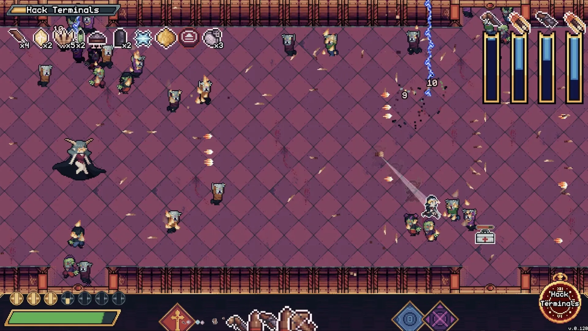 Moon Watch: Combat with enemies in a tiled room, HUD shows inventory and health bars on the right