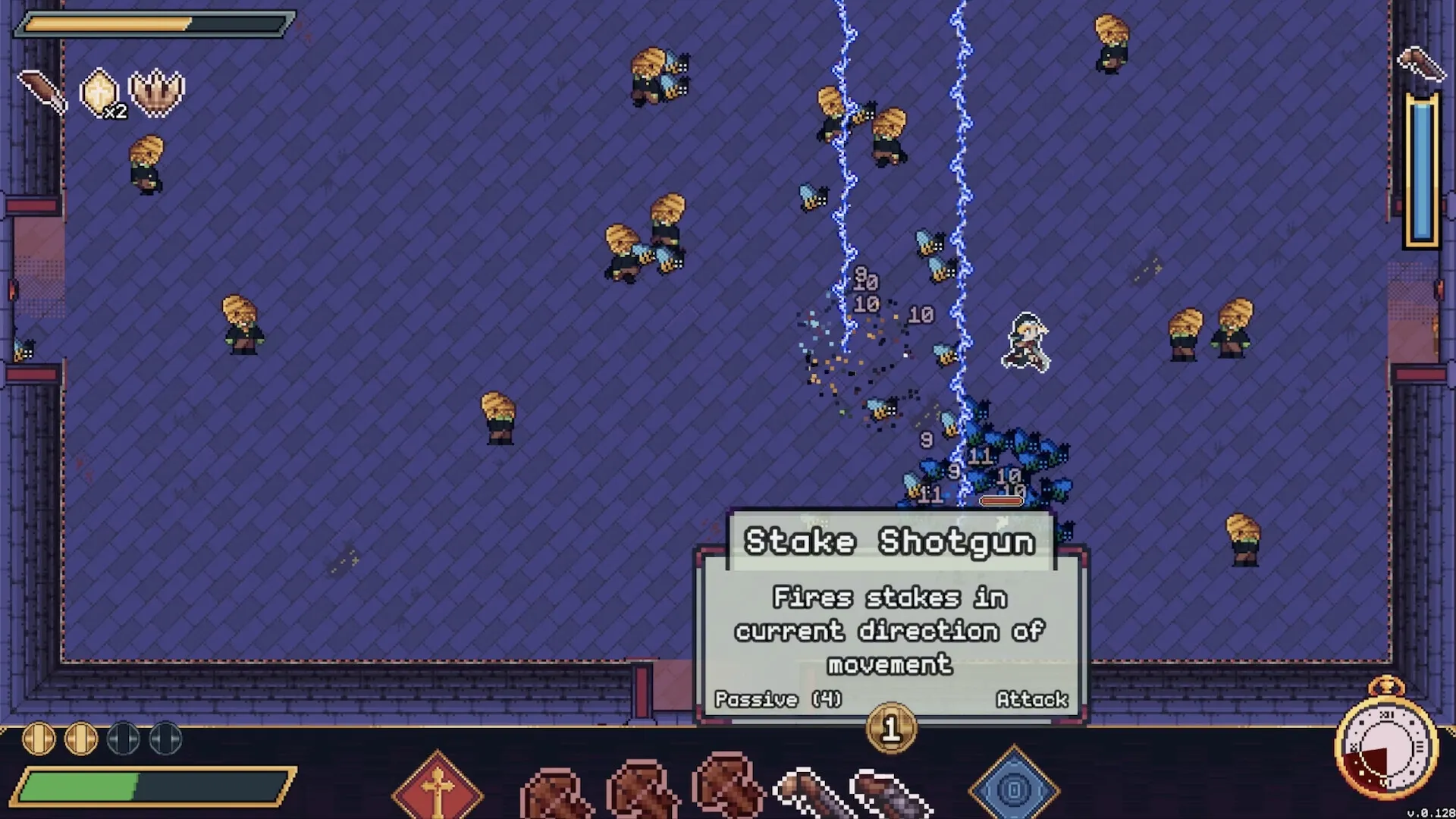 Moon Watch: Character using Stake Shotgun in combat with multiple enemies on a tiled purple floor