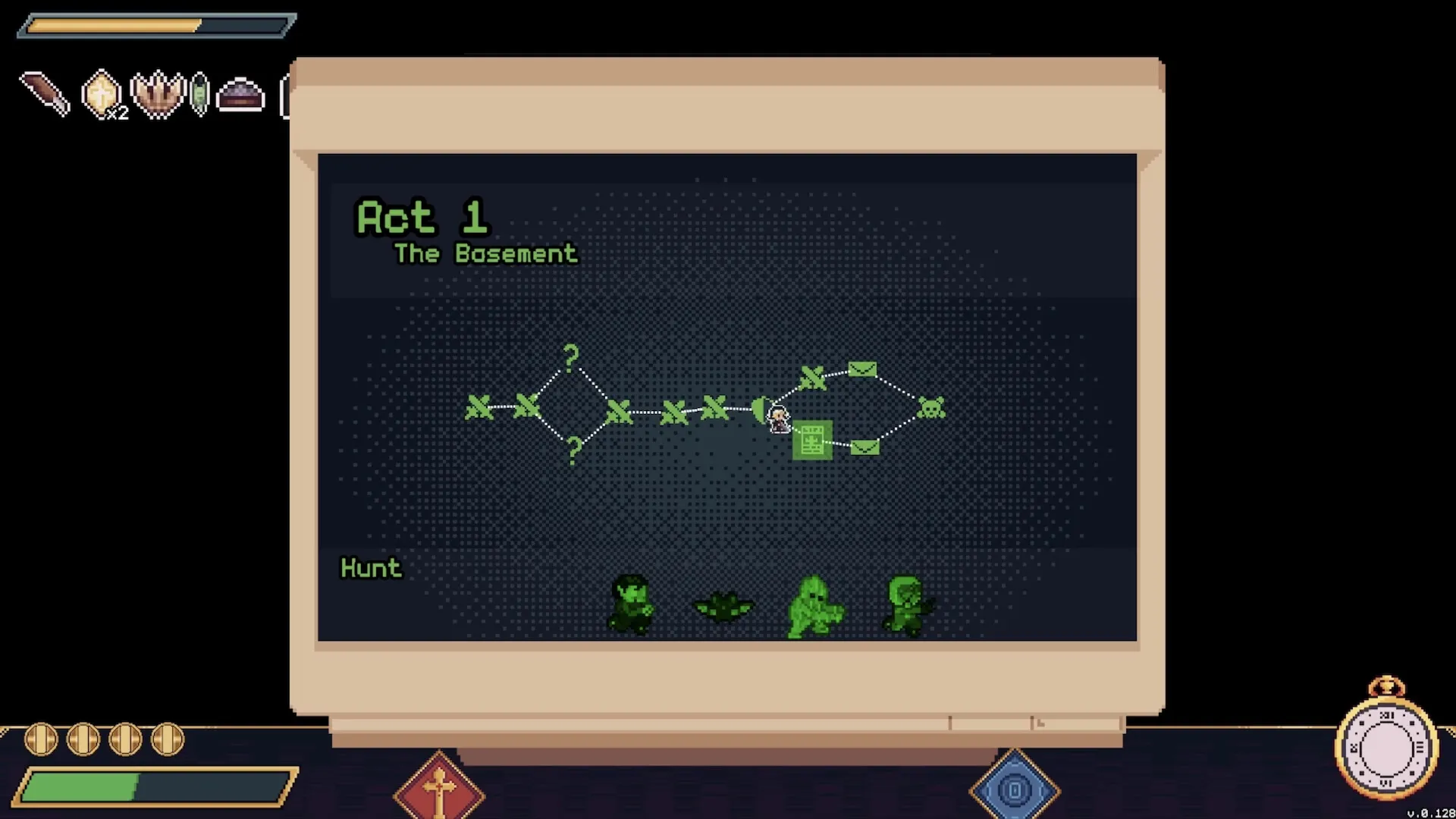 Moon Watch: Act 1 map with path choices in The Basement, inventory icons, and time control UI