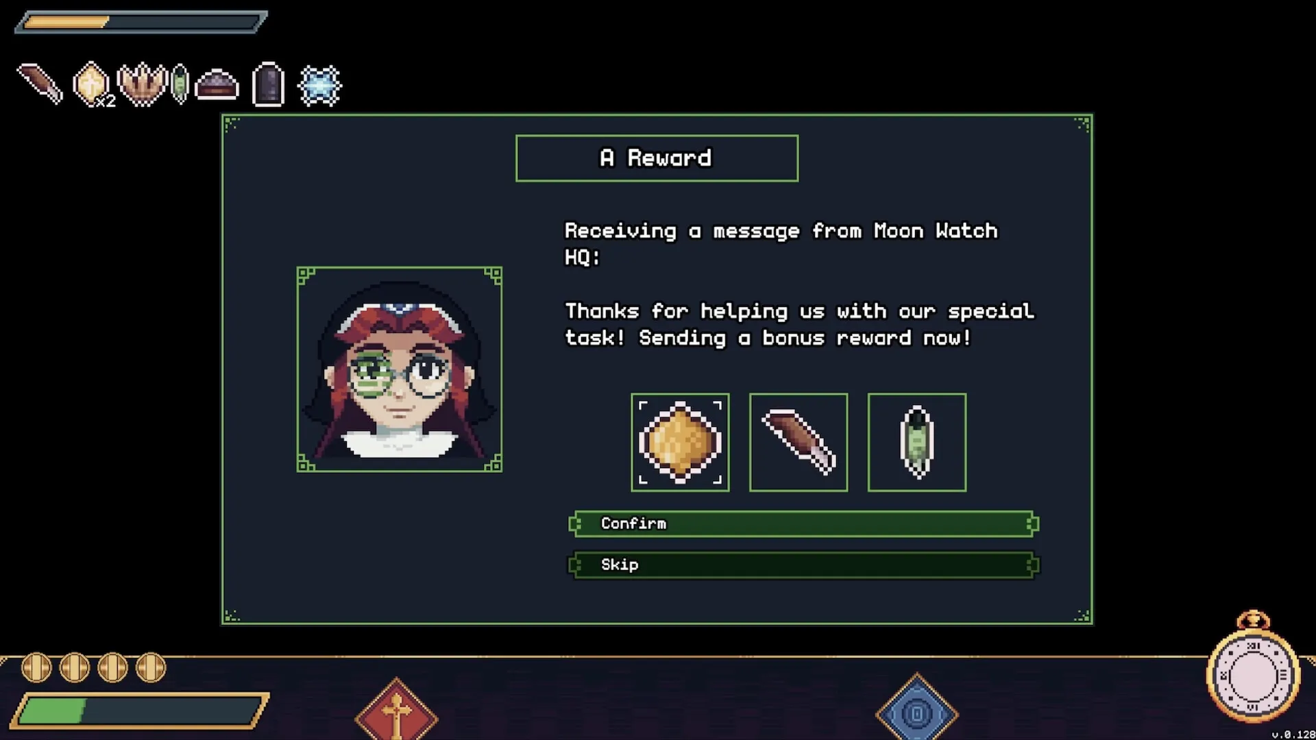 Moon Watch: Reward message screen with character portrait and inventory items in dark interface