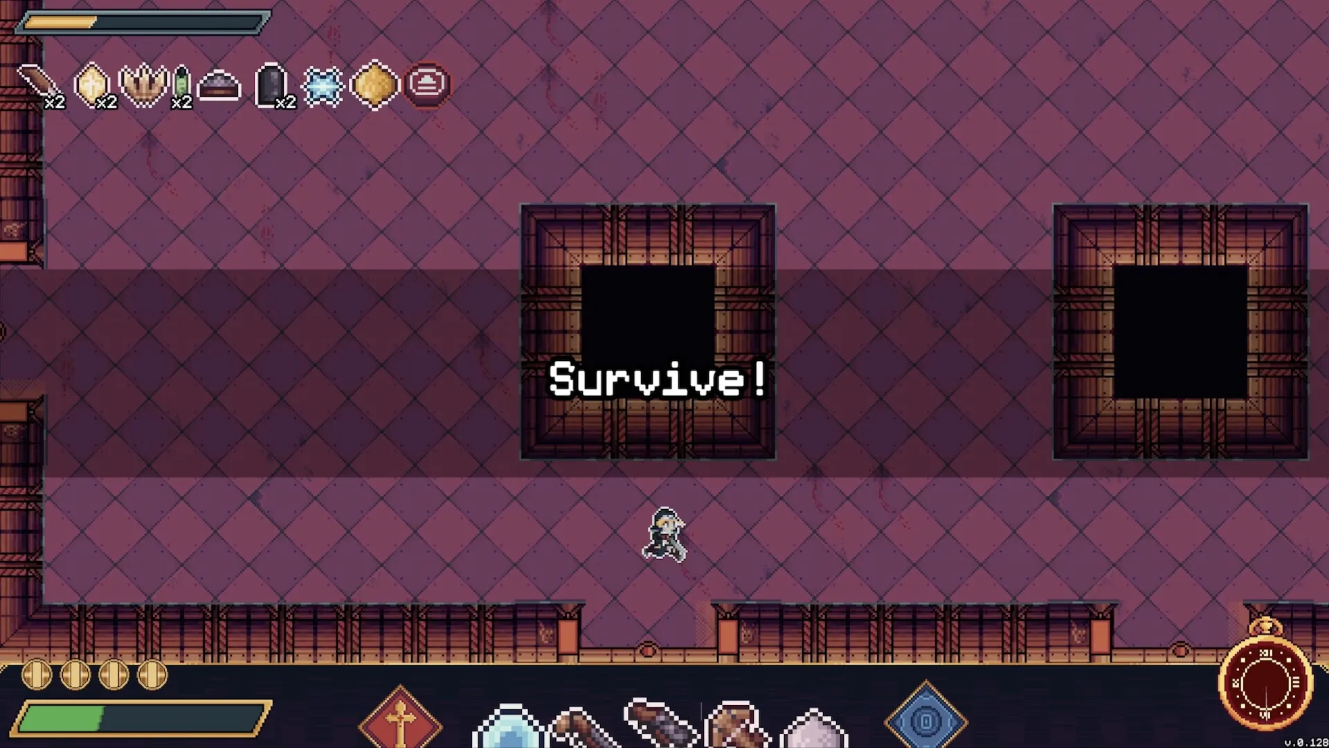 Moon Watch: Player in a tiled room with "Survive!" text, inventory icons, and health bar displayed
