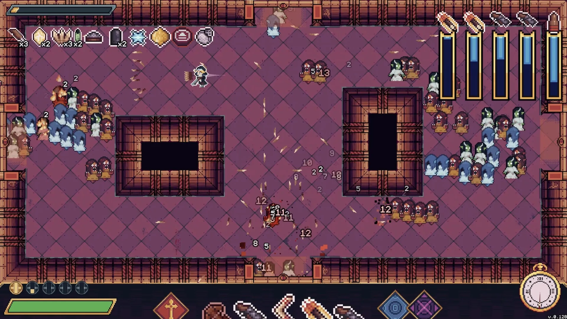Moon Watch: Player character dodges enemy crowd in dungeon with item icons and health bars displayed