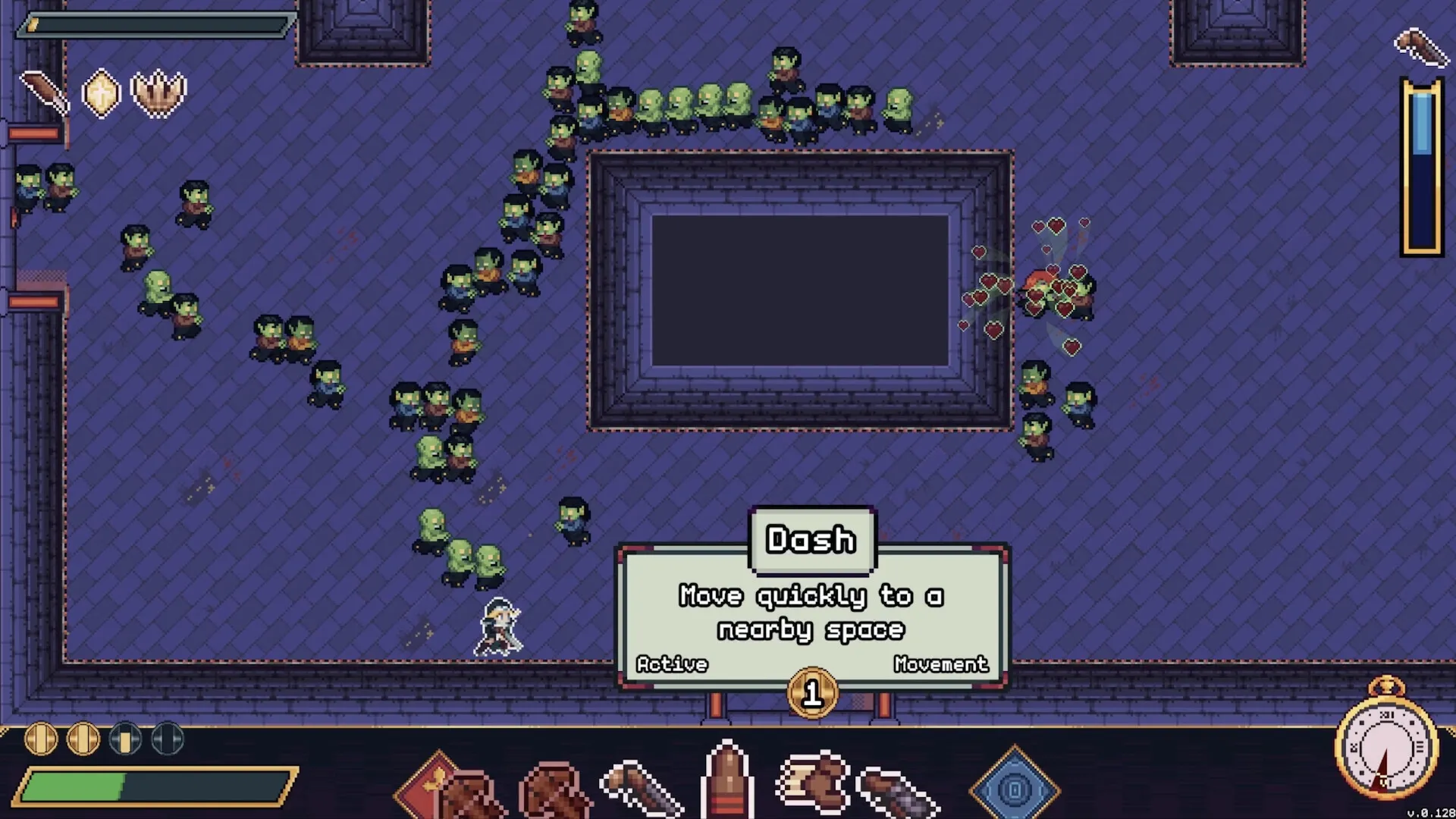 Moon Watch: Character dashes through enemy-filled dungeon with action bar and abilities displayed below
