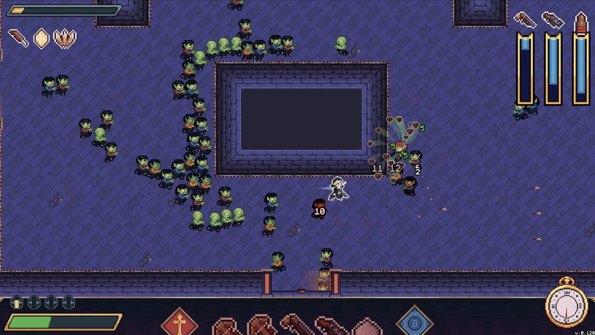Moon Watch: Player character surrounded by green enemies in a dungeon with health and ammo bars visible