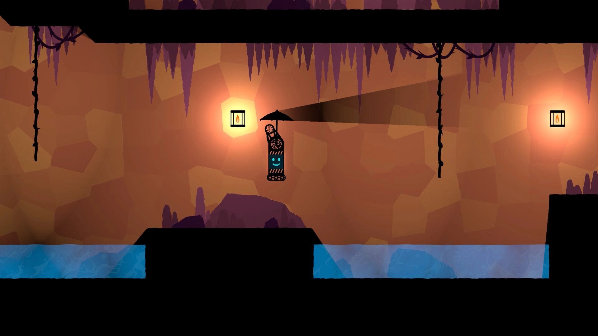Moonbrella: Umbrella-equipped robot glides over water in a cave corridor lit by wall lanterns.