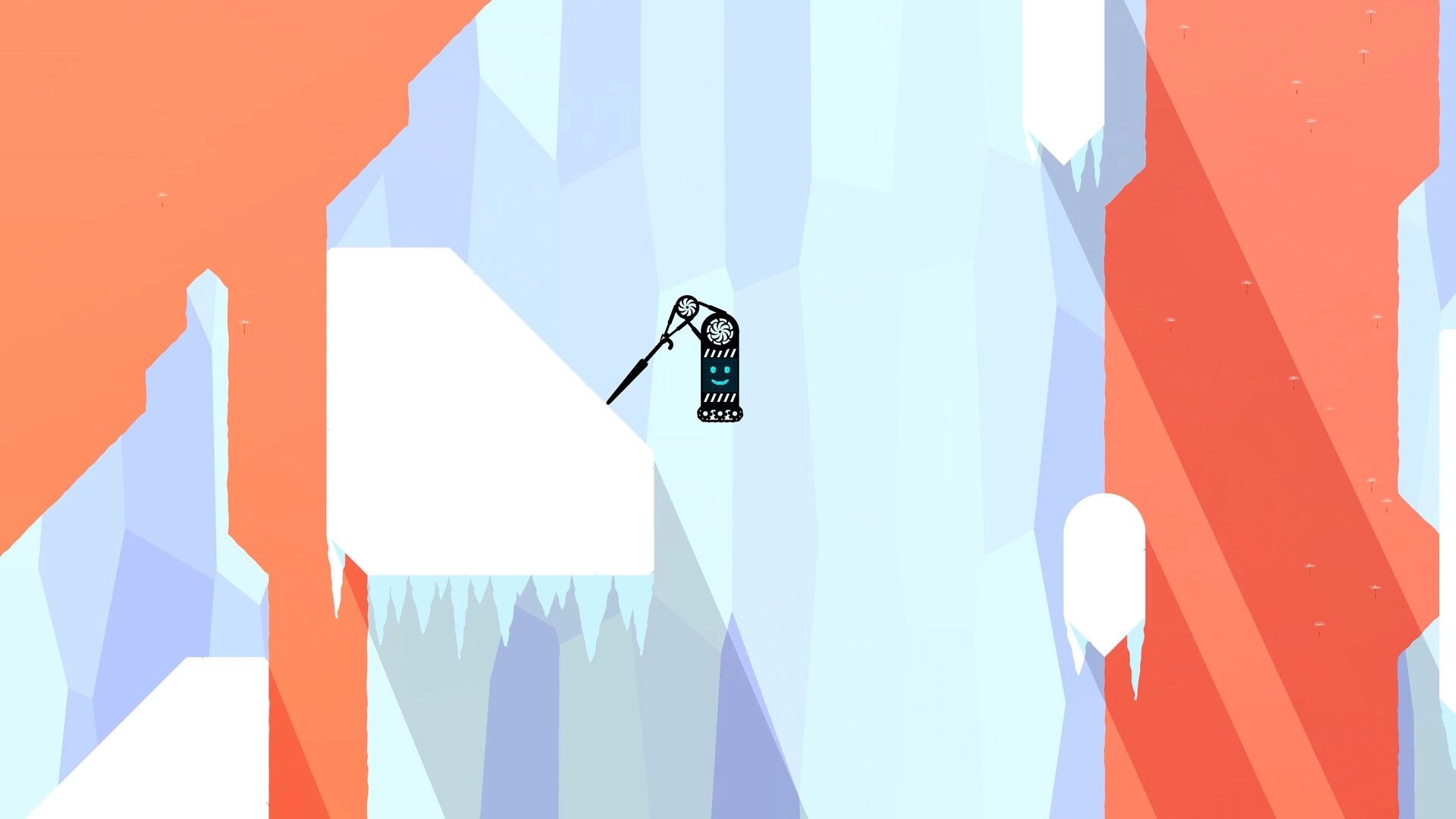 Moonbrella: Umbrella-wielding character clings to a ledge in a pastel ice canyon with orange cliffs.