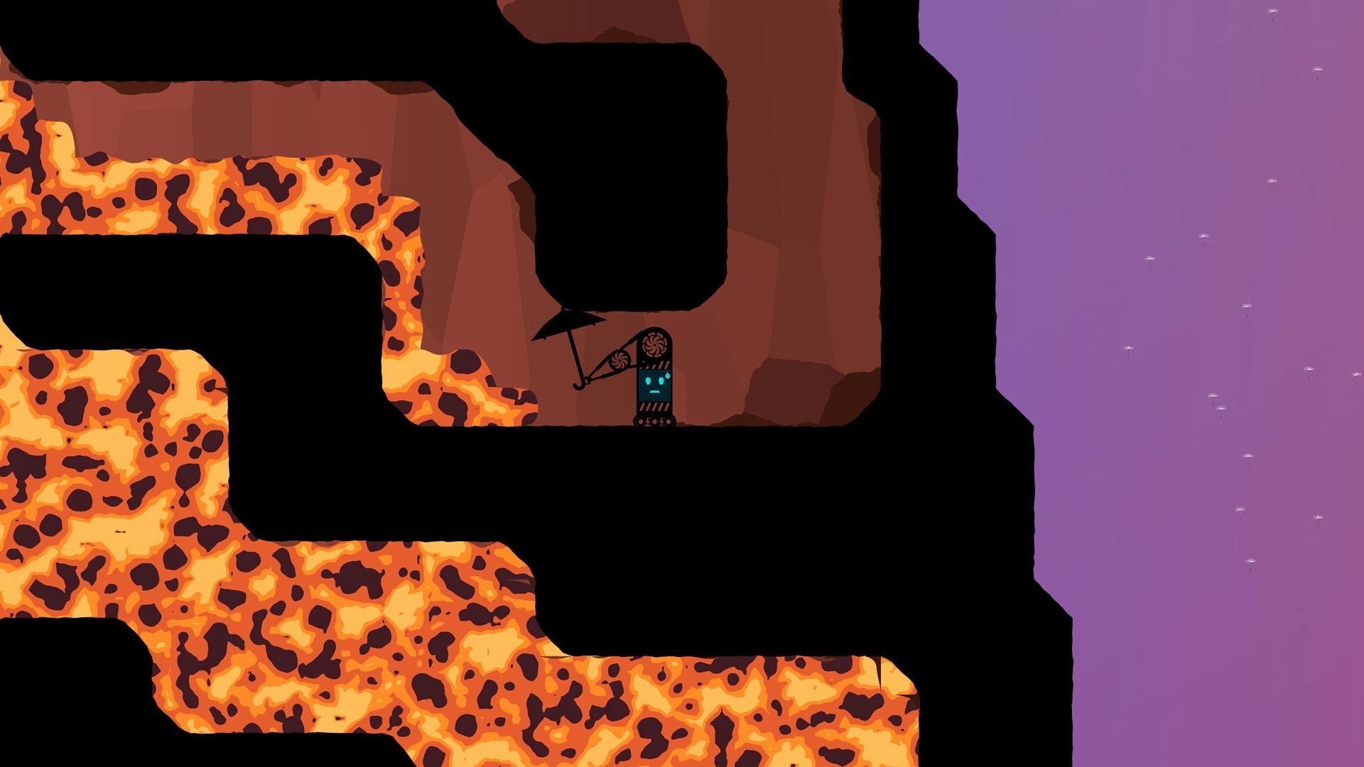 Moonbrella: Umbrella robot stands on ledge beside lava flow in dark cave, purple sky at right.