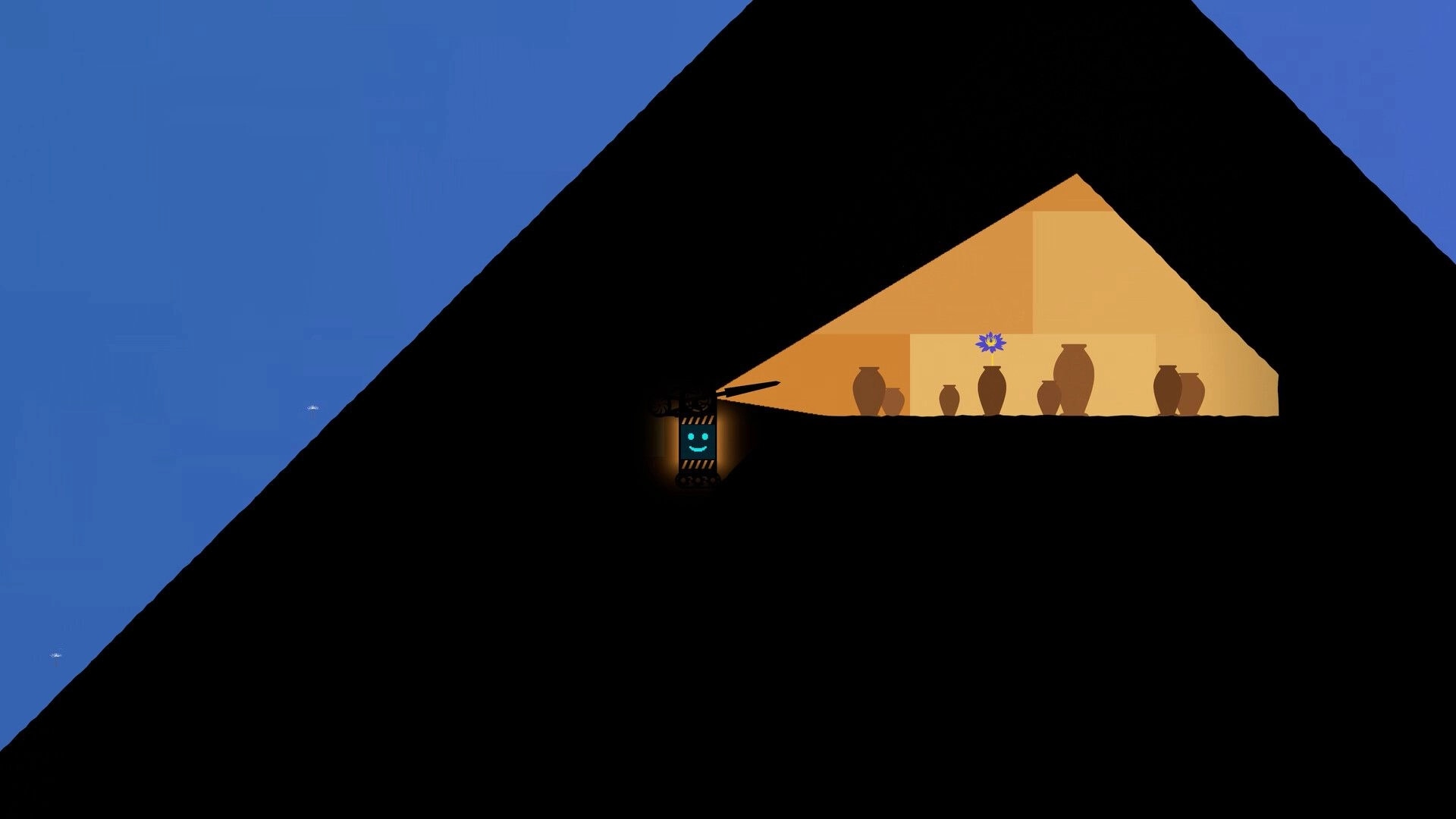 Moonbrella: Smiling robot icon near a dark slope below a lit cave with pottery and a flower.