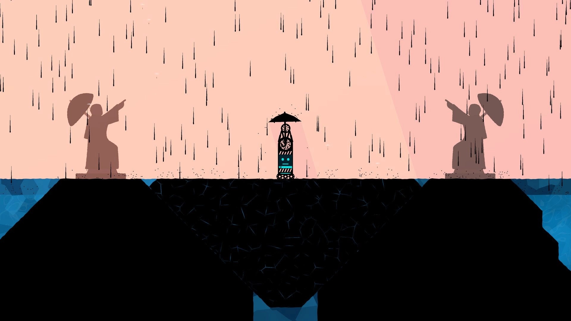 Moonbrella: Umbrella-wielding figure by a glowing pillar between statue silhouettes in heavy rain over water.