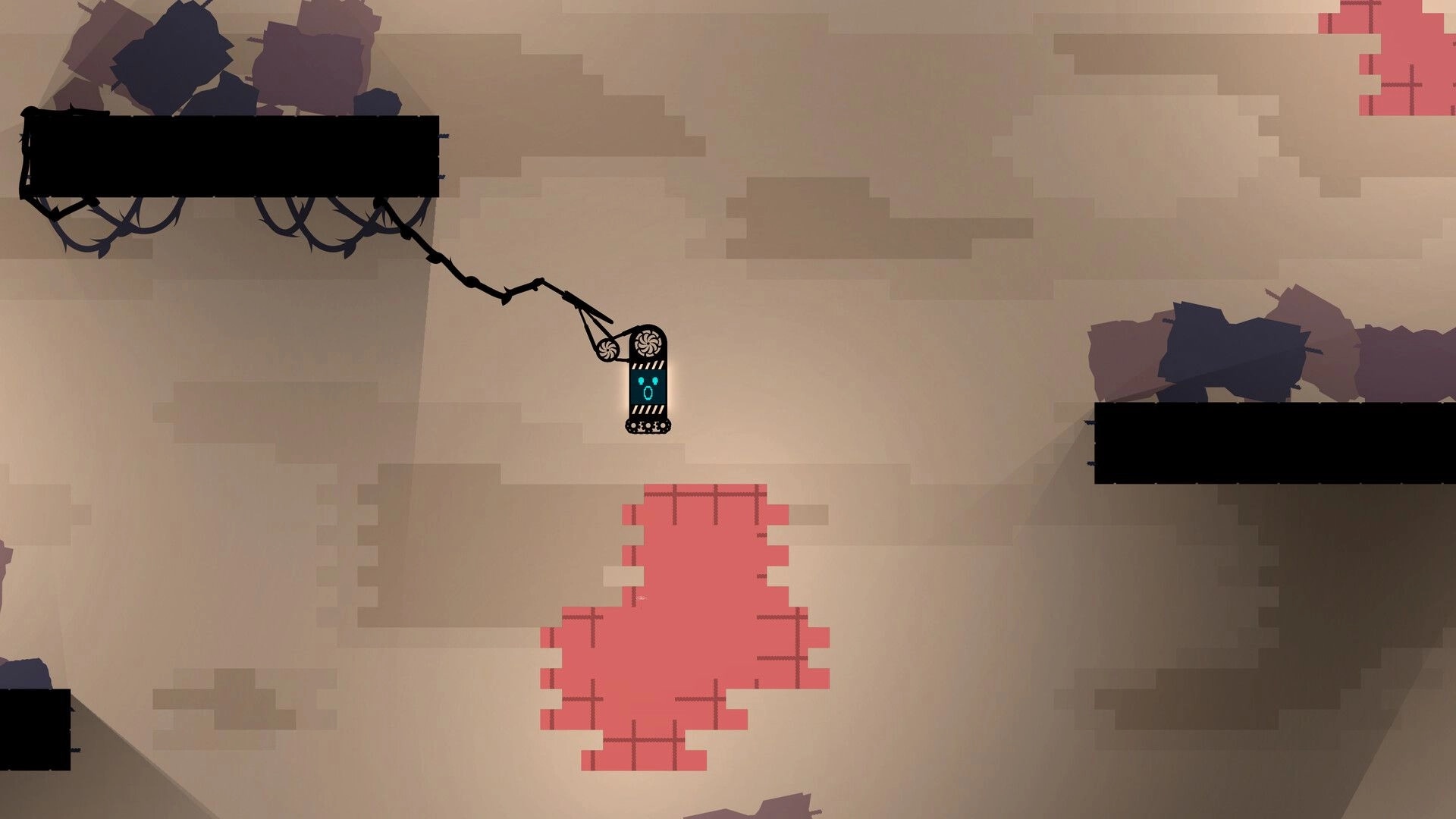 Moonbrella: Umbrella drone hanging from a cable between platforms in a hazy cavern with red tiles.
