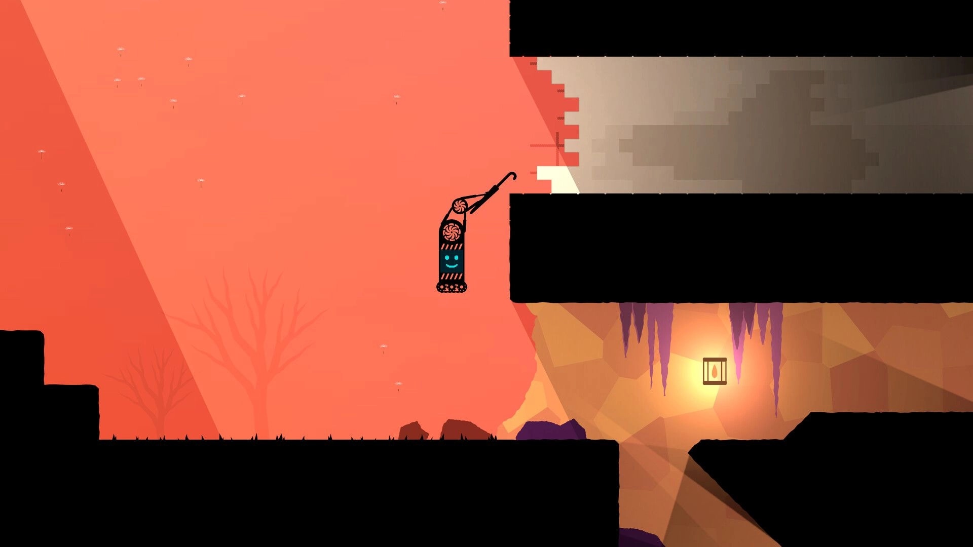 Moonbrella: Umbrella character clings to a ledge above a lit cave with stalactites and dark platforms.