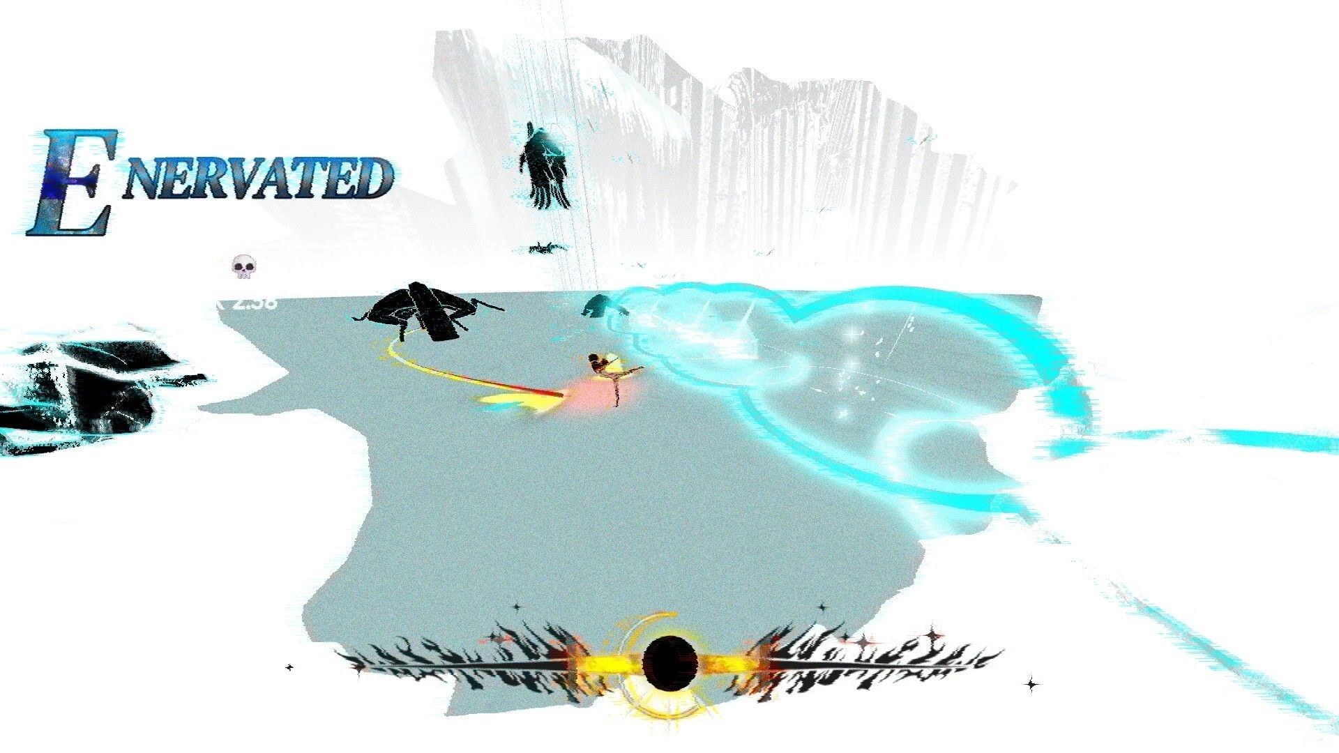MOONLIGHT FIRE: Level text “Enervated” as skater dashes past icy foe on a pale frozen arena HUD.