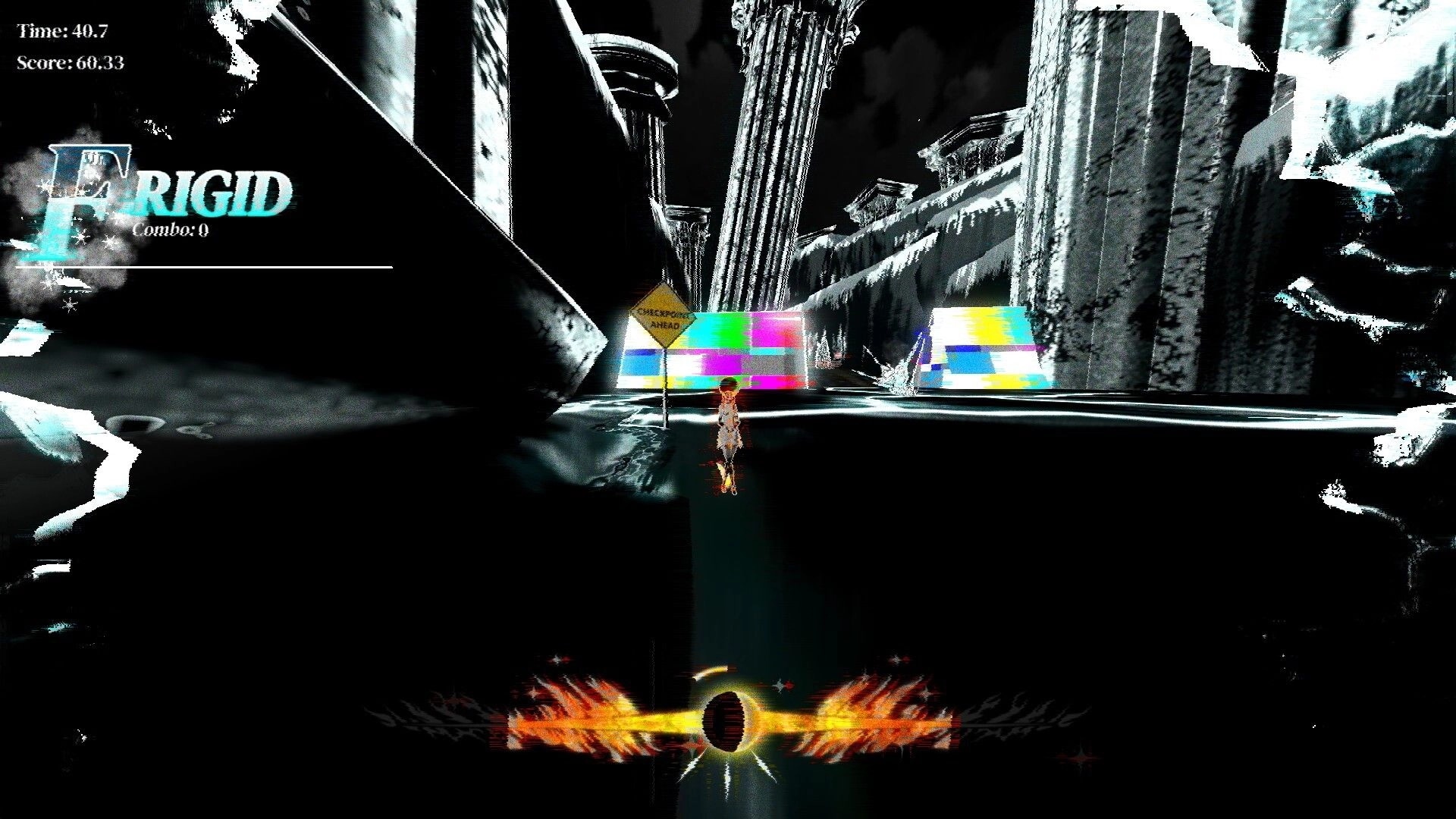 MOONLIGHT FIRE: Skater demon waits by glitchy TV screens on an icy ruin road, time and score UI up.