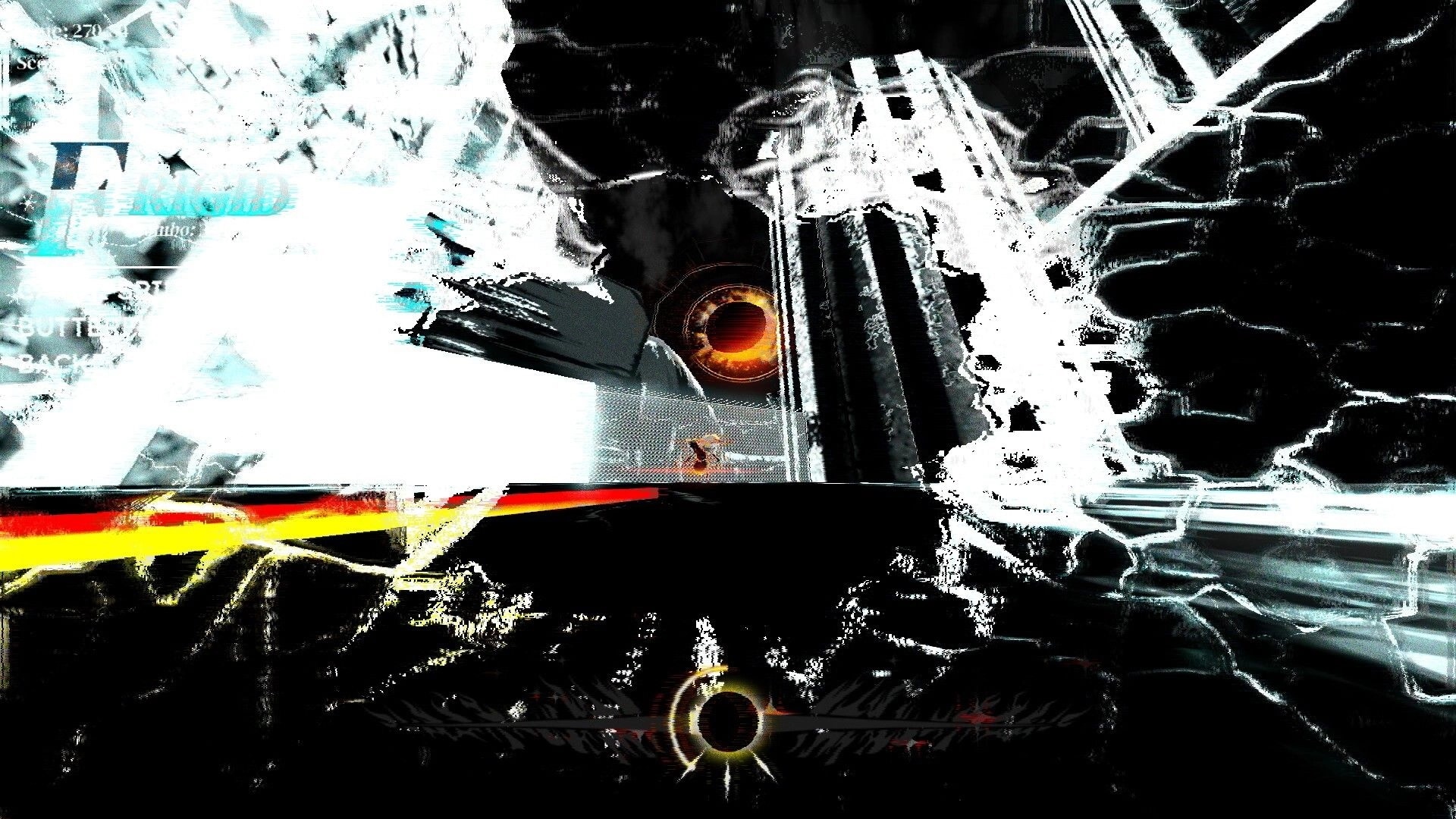 MOONLIGHT FIRE: Glitchy close-up of a fiery eye and metal structure amid icy ruins with HUD text overlay.