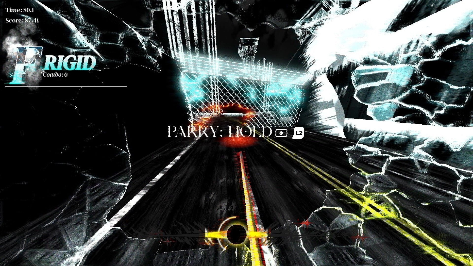 MOONLIGHT FIRE: Speeding down icy tunnel toward glowing gate, “PARRY: HOLD L2” and FRIGID UI prompt.
