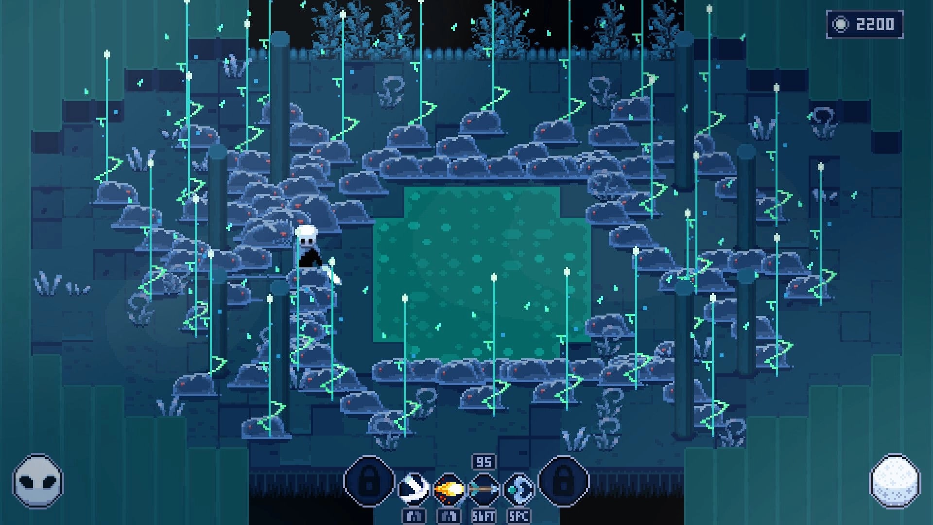 Moonlight Knight: Player navigates a dark cave with glowing vines, UI displays health and abilities.