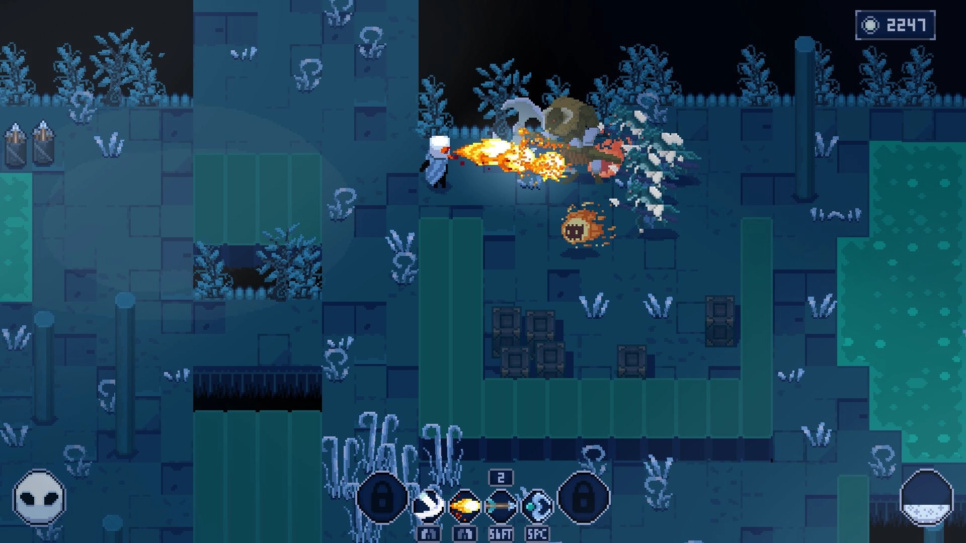 Moonlight Knight: Hero uses fire magic against enemies in a dark dungeon with health bar and gold shown.