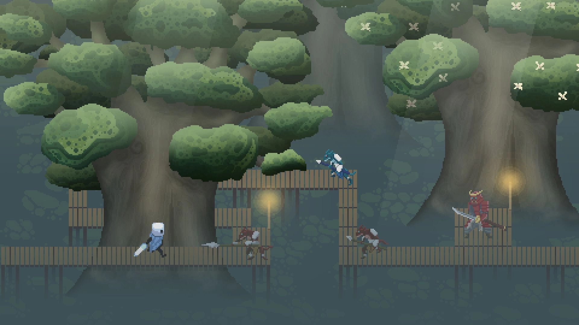 Moonlight Knight: Knight battles enemies on wooden platforms amidst giant trees in a misty forest.