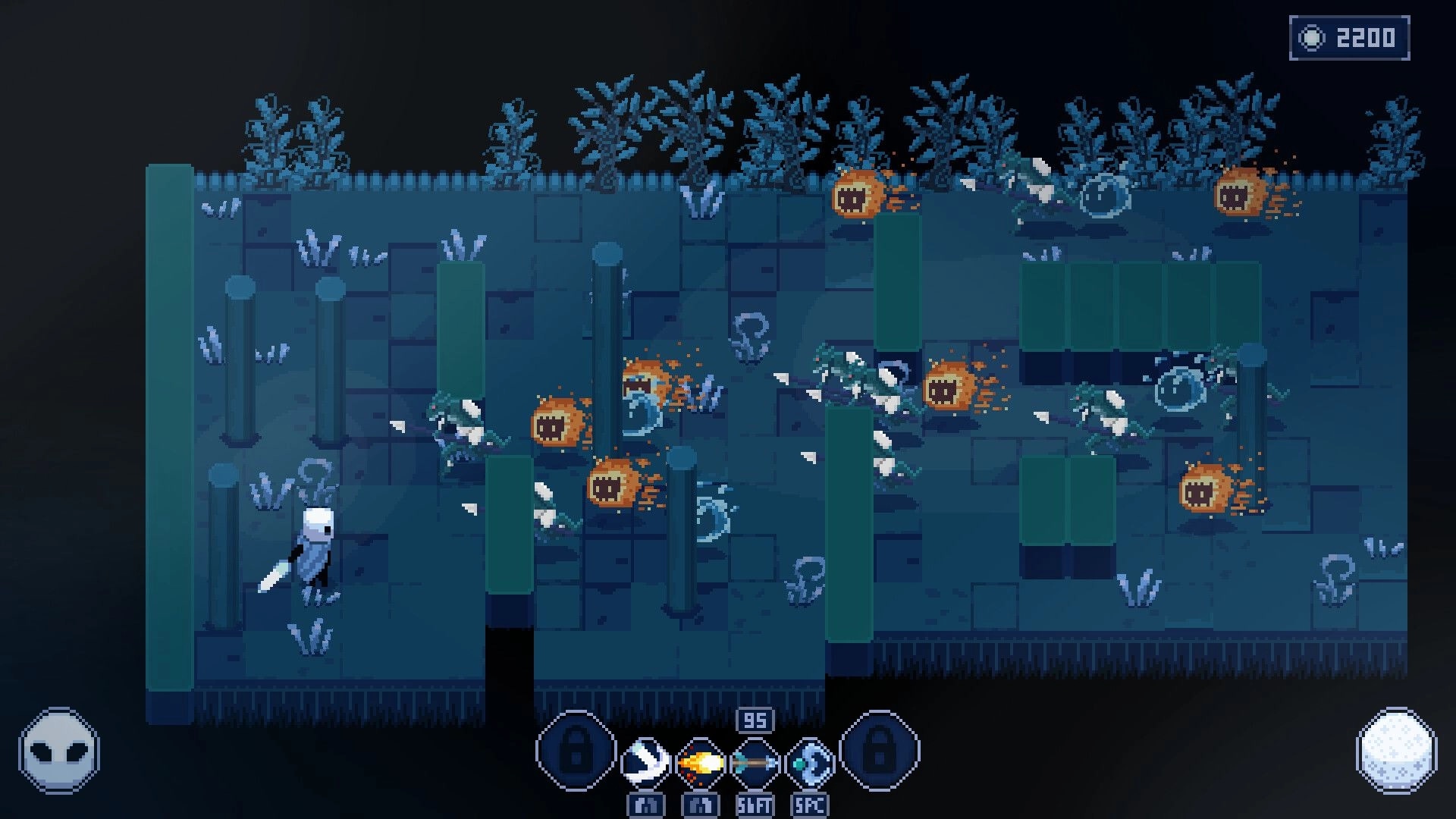 Moonlight Knight: Player character navigating dark forest maze with enemies and obstacles visible