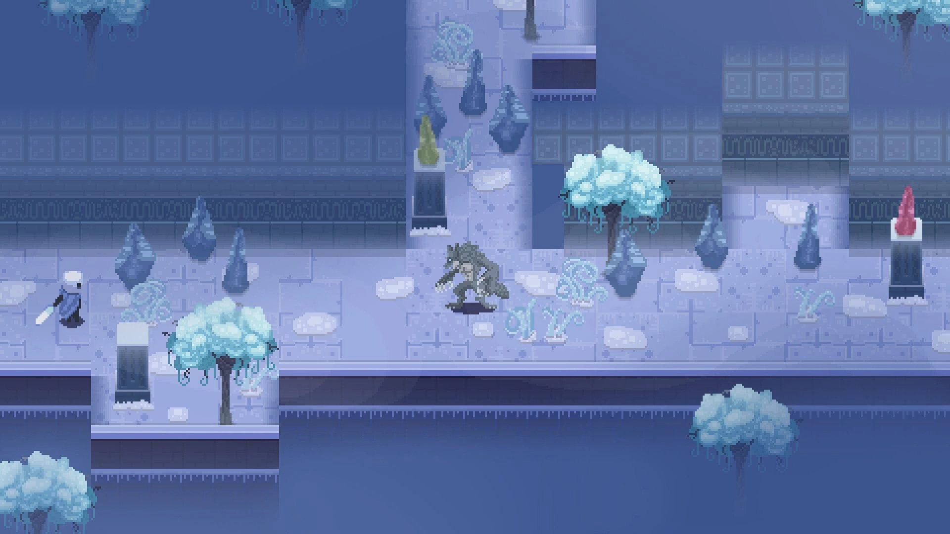 Moonlight Knight: Player character faces a werewolf in an icy dungeon with snow-laden trees and pillars.