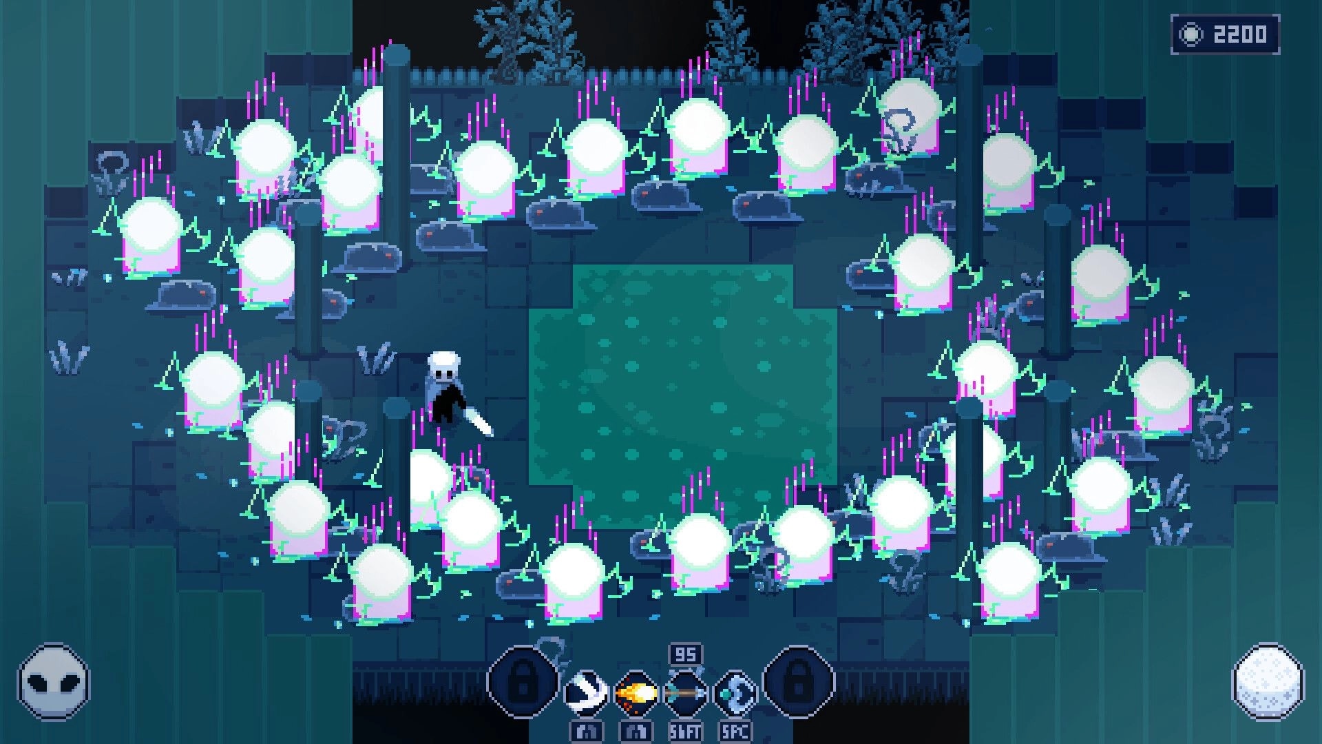 Moonlight Knight: Player navigates through glowing orbs in a dungeon with a mystical ambiance