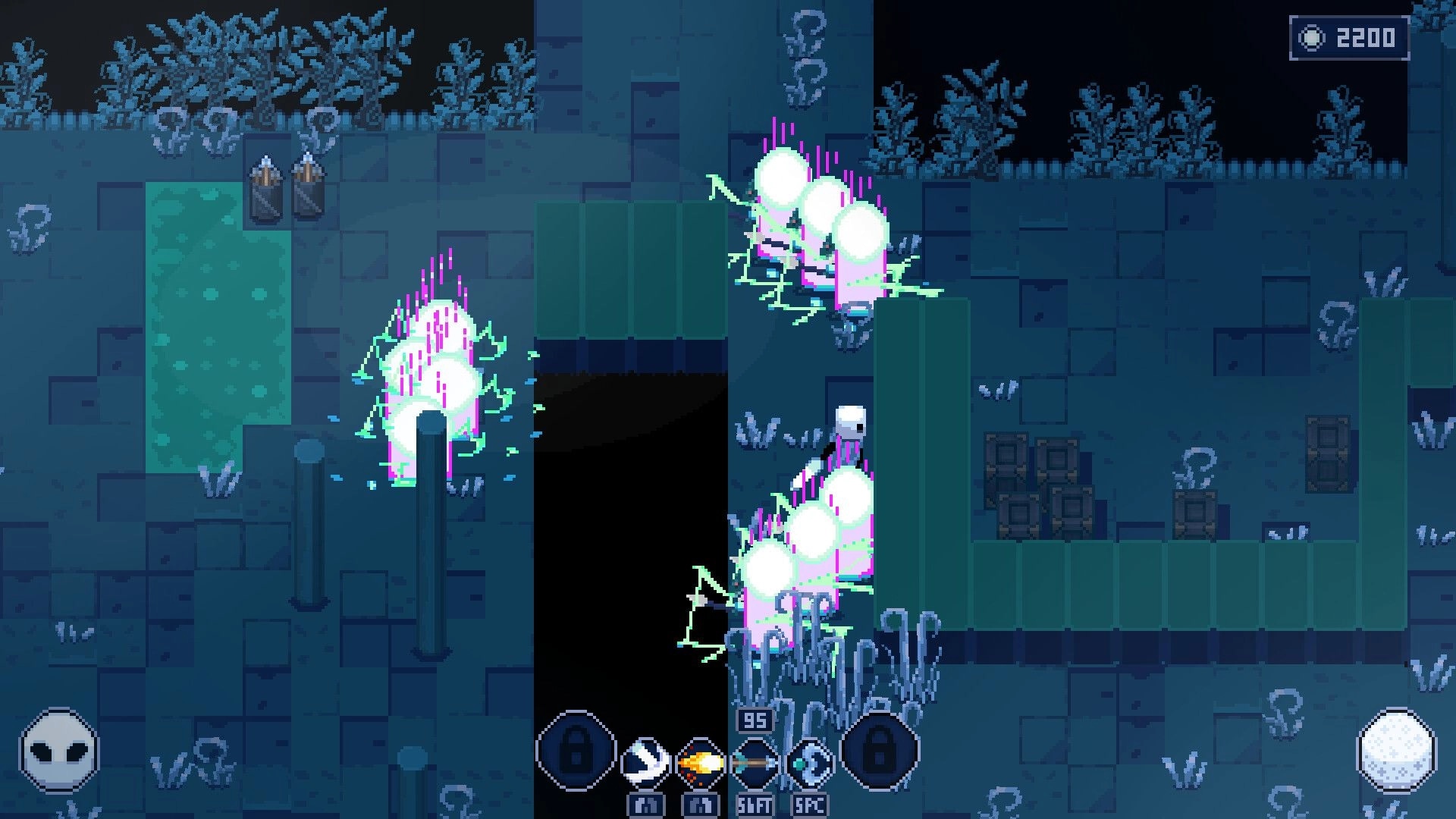 Moonlight Knight: Player navigates dark dungeon with glowing enemies and UI elements showing abilities.