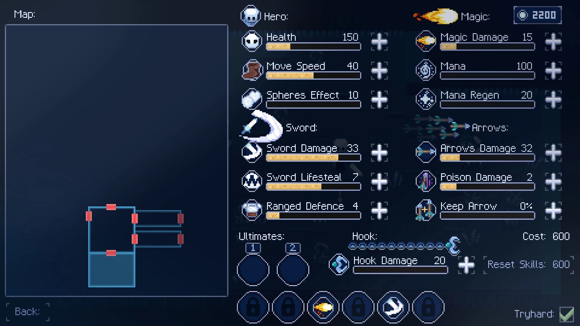 Moonlight Knight: Character stats and upgrade menu with health, magic, sword, and hook details visible