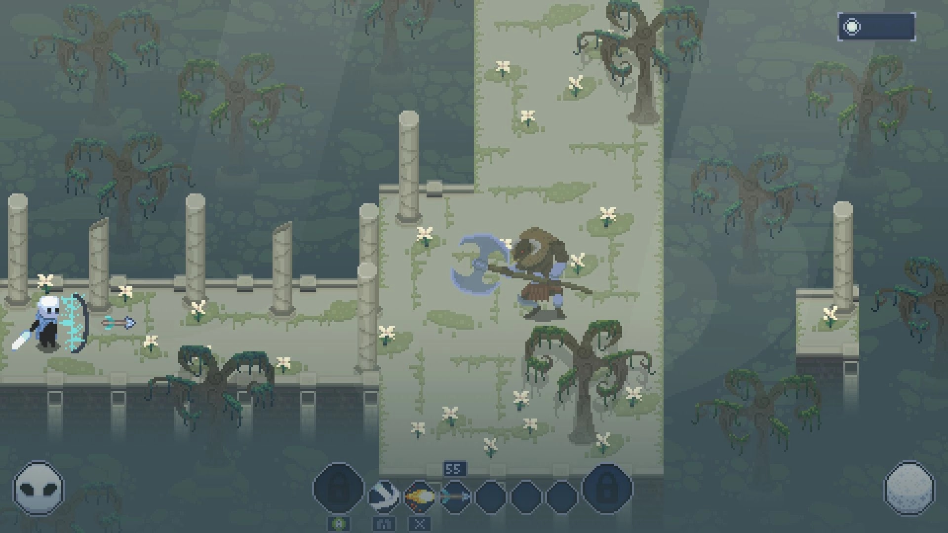 Moonlight Knight: Player with shield approaches axe-wielding enemy on stone path surrounded by trees