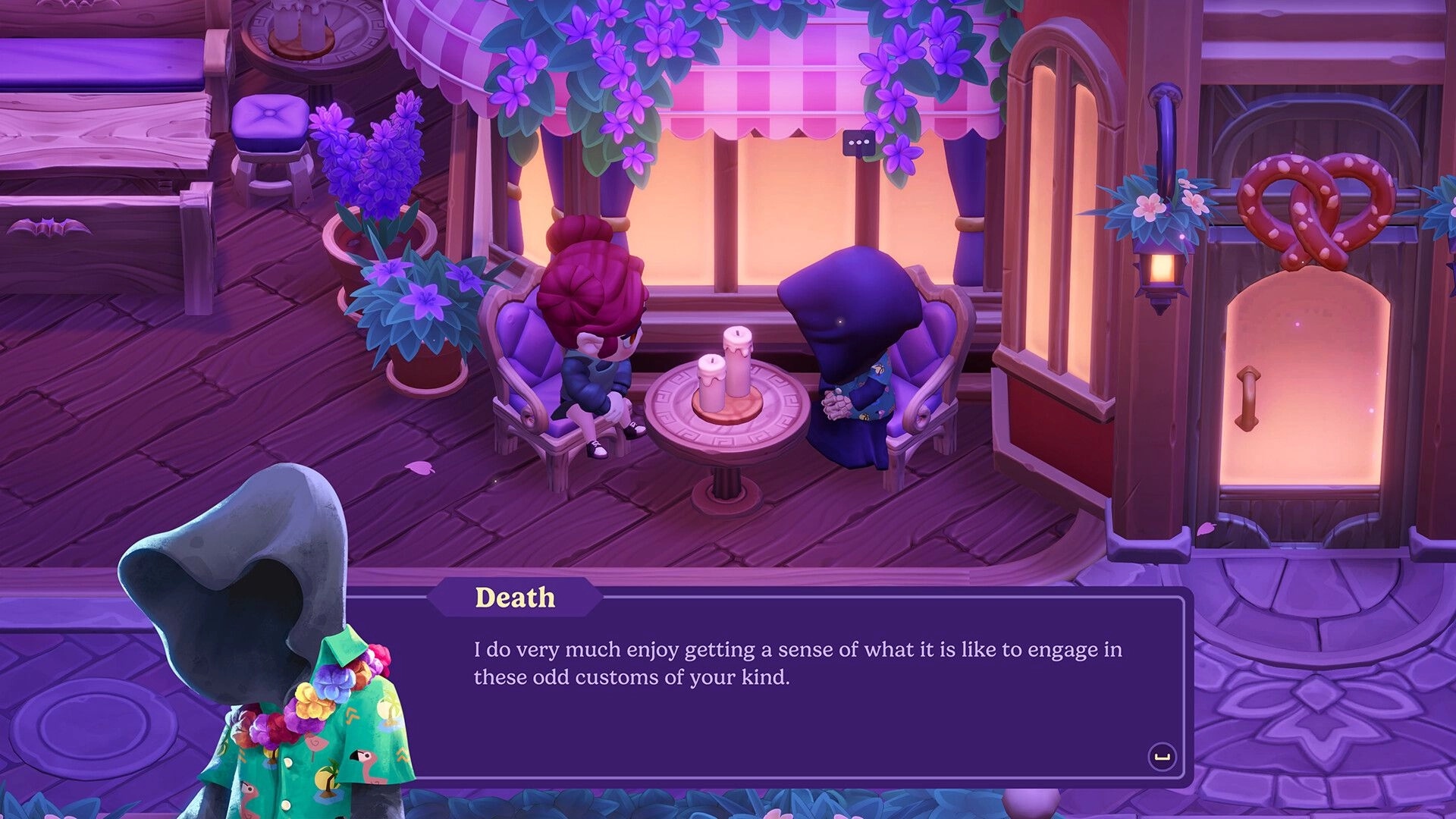 Moonlight Peaks: Dialogue with Death at candlelit café table on flowered patio by a shopfront.