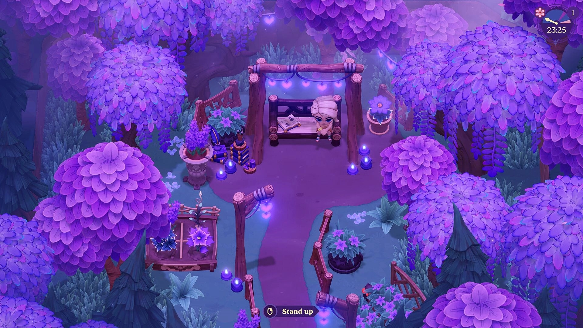 Moonlight Peaks: Player character sitting on a swing bench in a purple grove with "Stand up" prompt UI.