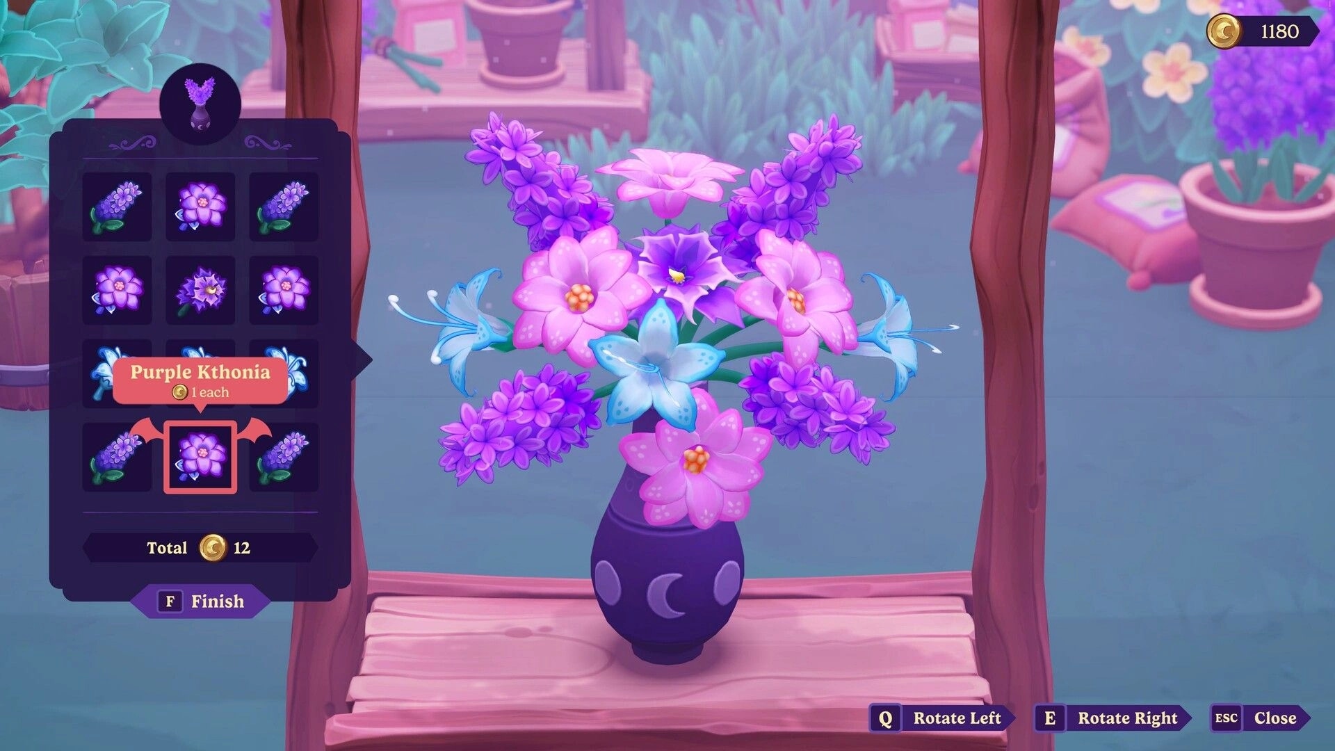 Moonlight Peaks: Flower arranging UI selecting Purple Kthonia in a vase on a garden workbench scene.