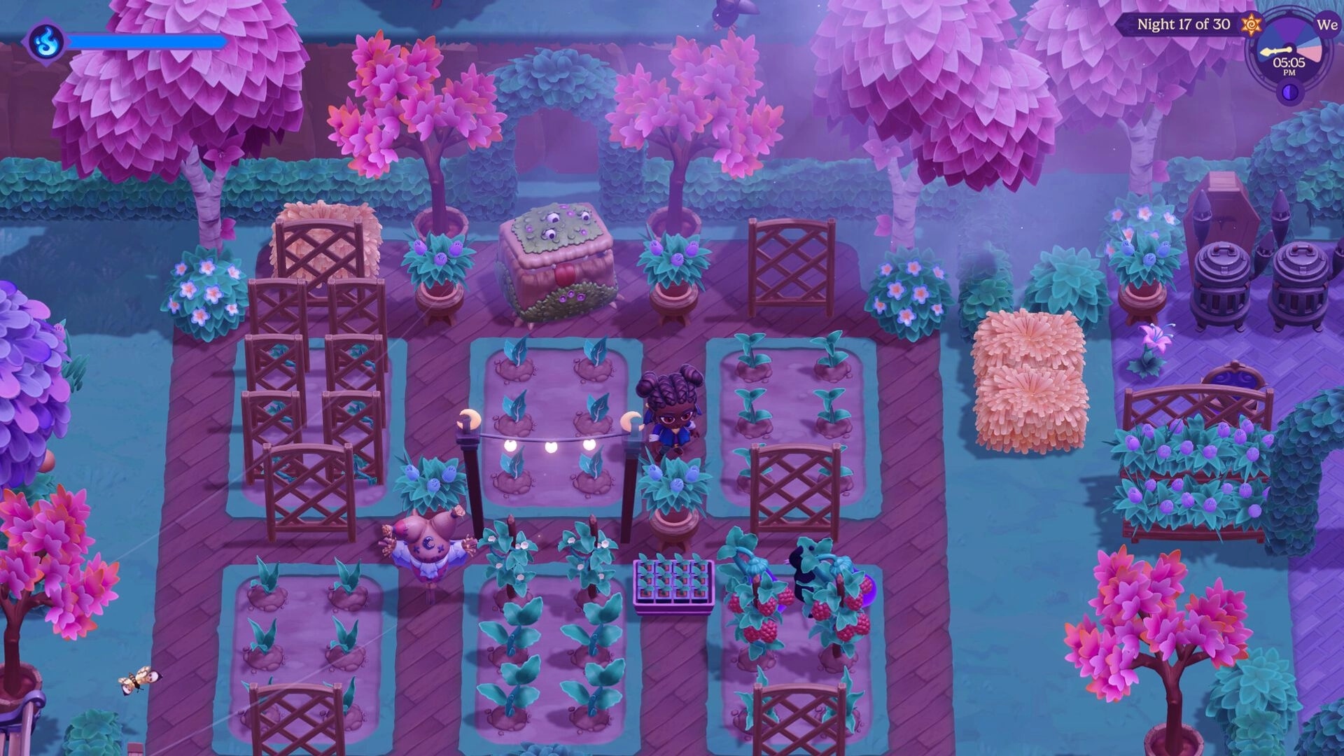 Moonlight Peaks: Player tends crop plots and trellises on a moonlit farmyard with night UI clock.