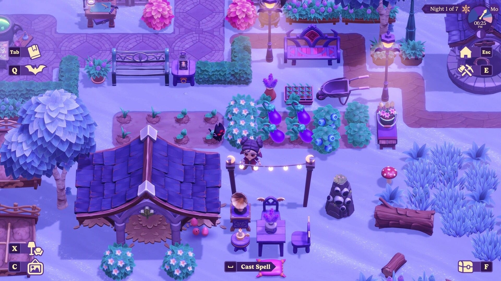 Moonlight Peaks: Player tends eggplant and berry crops at night beside a cozy cottage garden UI visible.