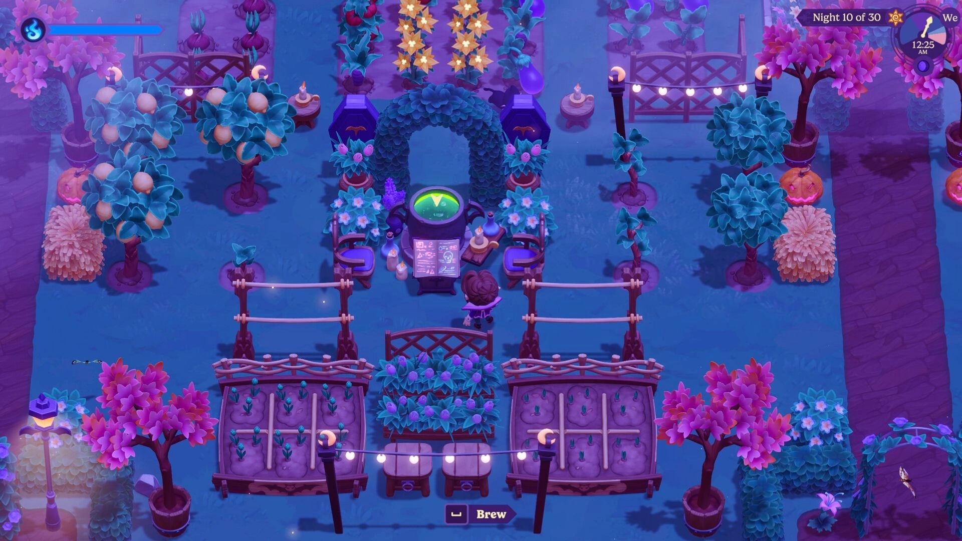 Moonlight Peaks: Player brews at a cauldron station in a fenced night garden with crops and lanterns UI.