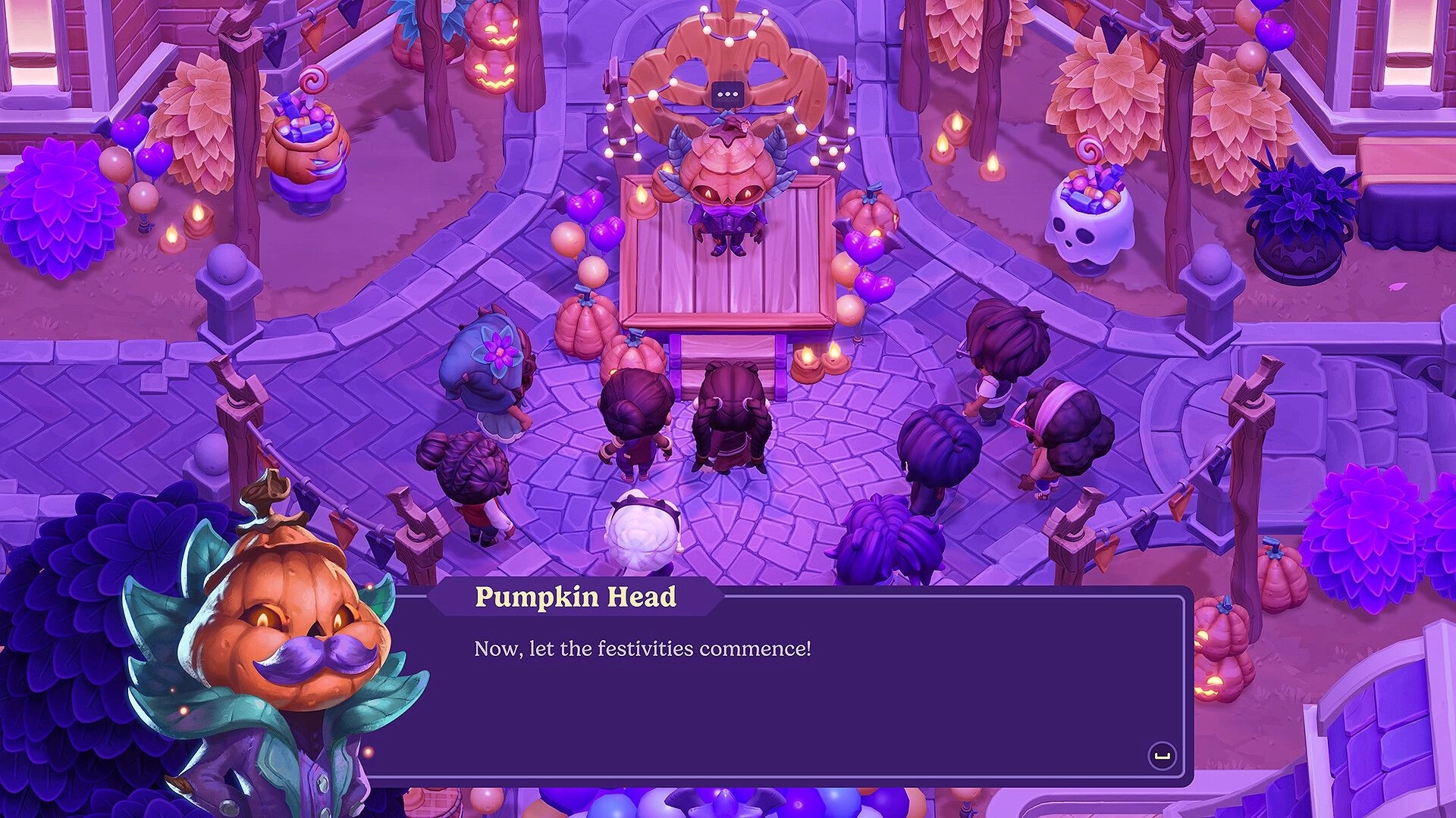 Moonlight Peaks: Pumpkin Head speaks from a stage to townsfolk in a lantern-lit festival plaza UI dialogue box.
