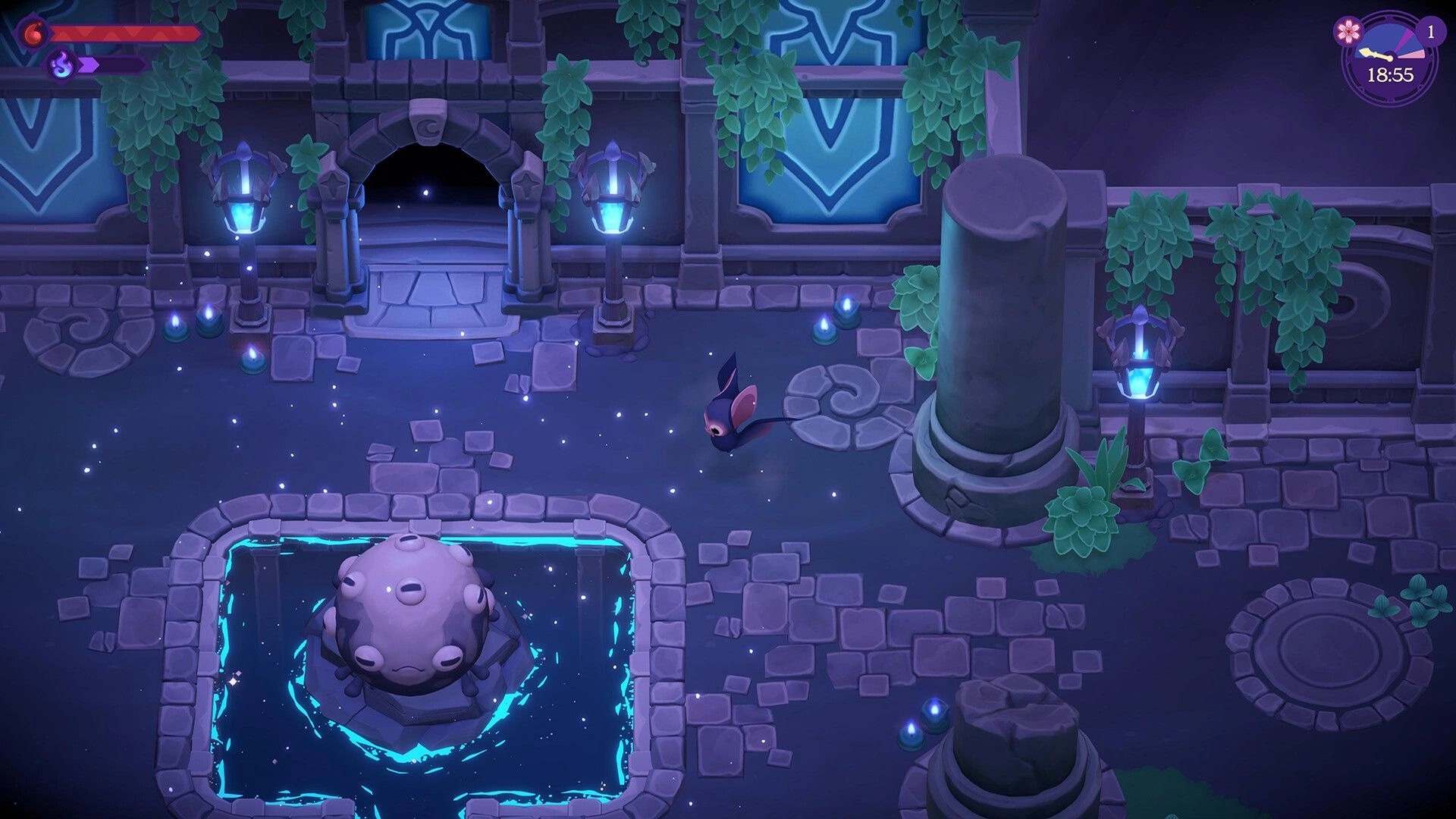 Moonlight Peaks: Bat companion flutters by glowing fountain in vine-covered courtyard with night UI clock 18:55.