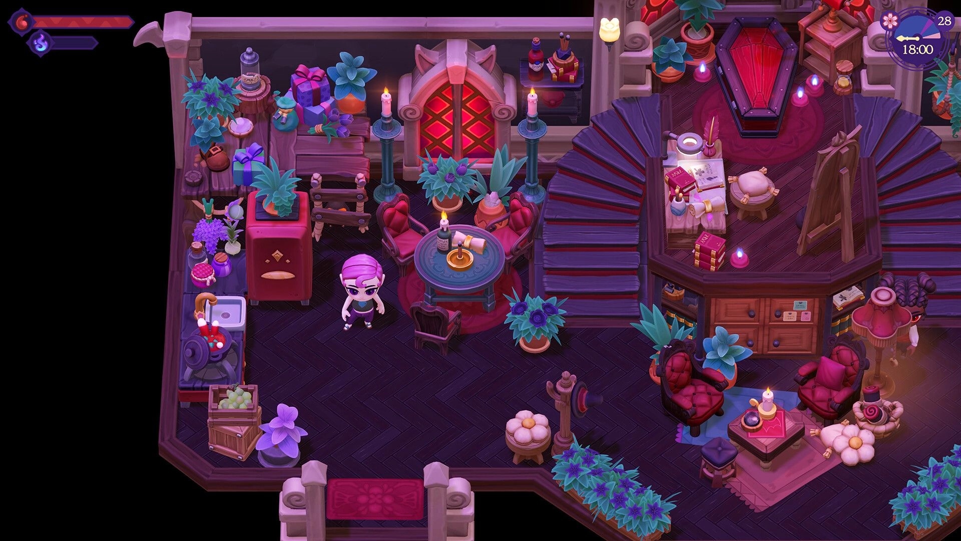 Moonlight Peaks: Player stands in a cozy gothic home with candles, plants, and spiral stairs UI clock visible.