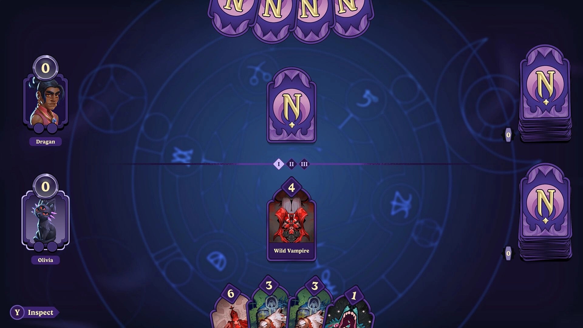 Moonlight Peaks: Card battle interface with Dragan and Olivia facing a Wild Vampire on arcane board.