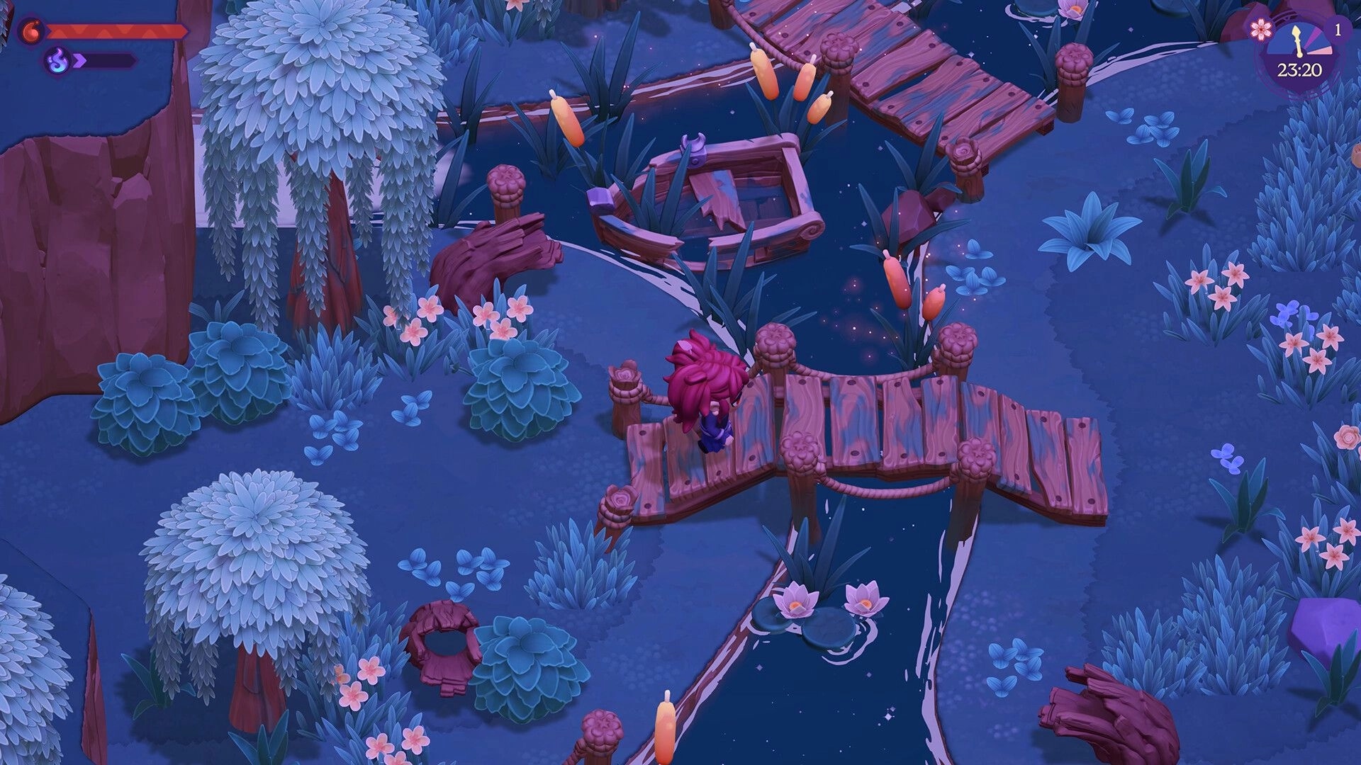Moonlight Peaks: Player character stands on wooden bridge over lily pond in moonlit forest, 23:20 UI.